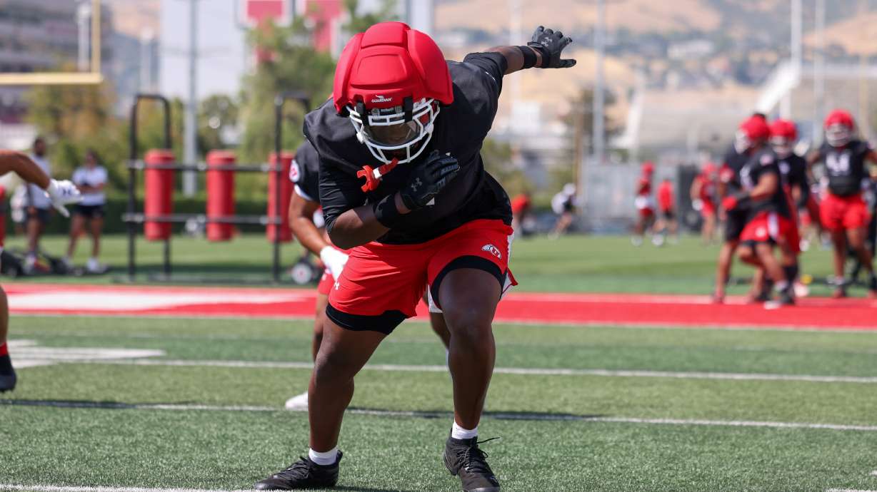 A Utah defensive player goes through drills on the first day of fall camp in Salt Lake City on July 30, 2025.