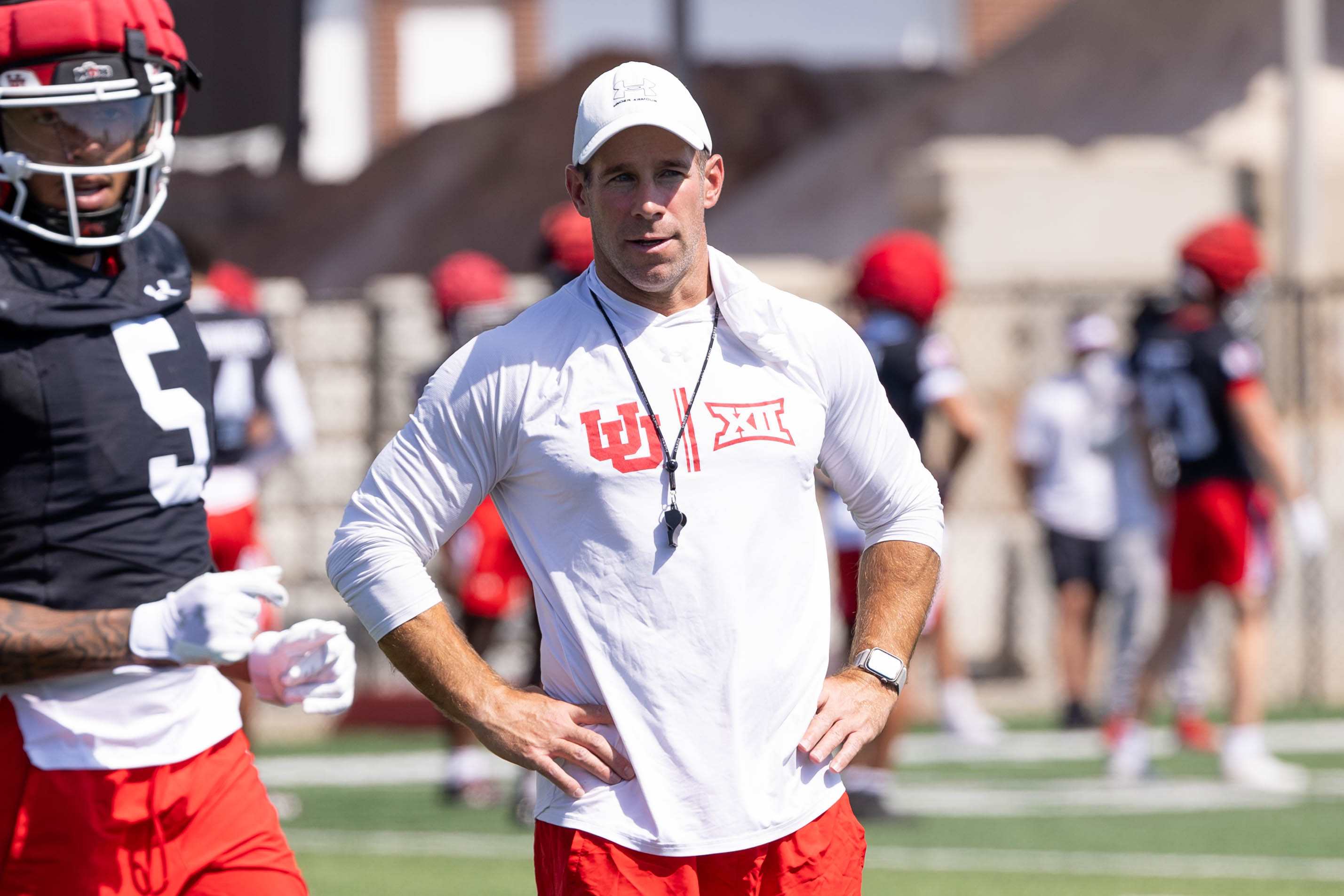 Utah defensive coordinator Morgan Scalley looks on during the first day of fall camp in Salt Lake City on July 30, 2025.