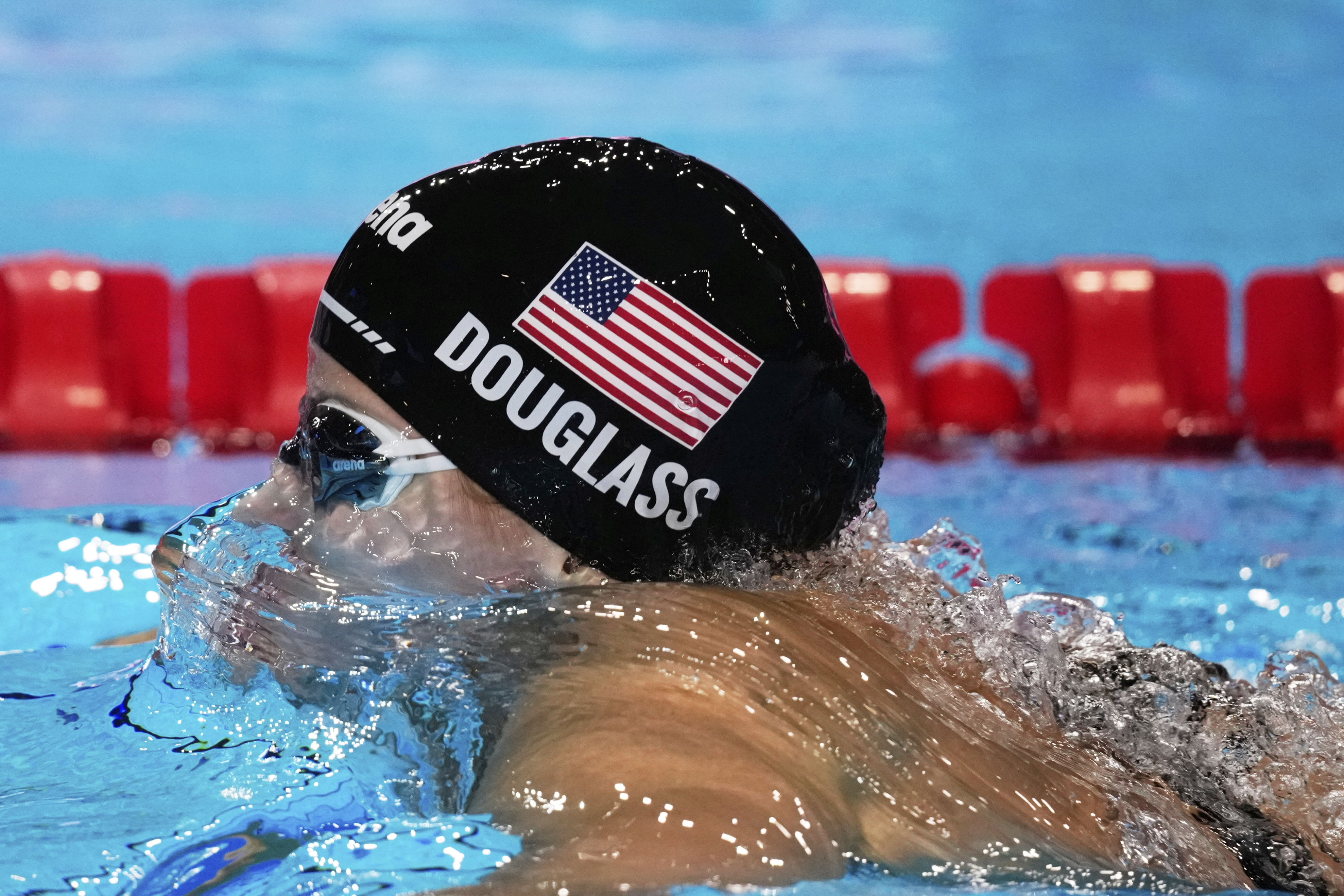 Kate Douglass of the United States competes in the women's 200-meter breaststroke final at the World Aquatics Championships in Singapore, Friday, Aug.1, 2025. 