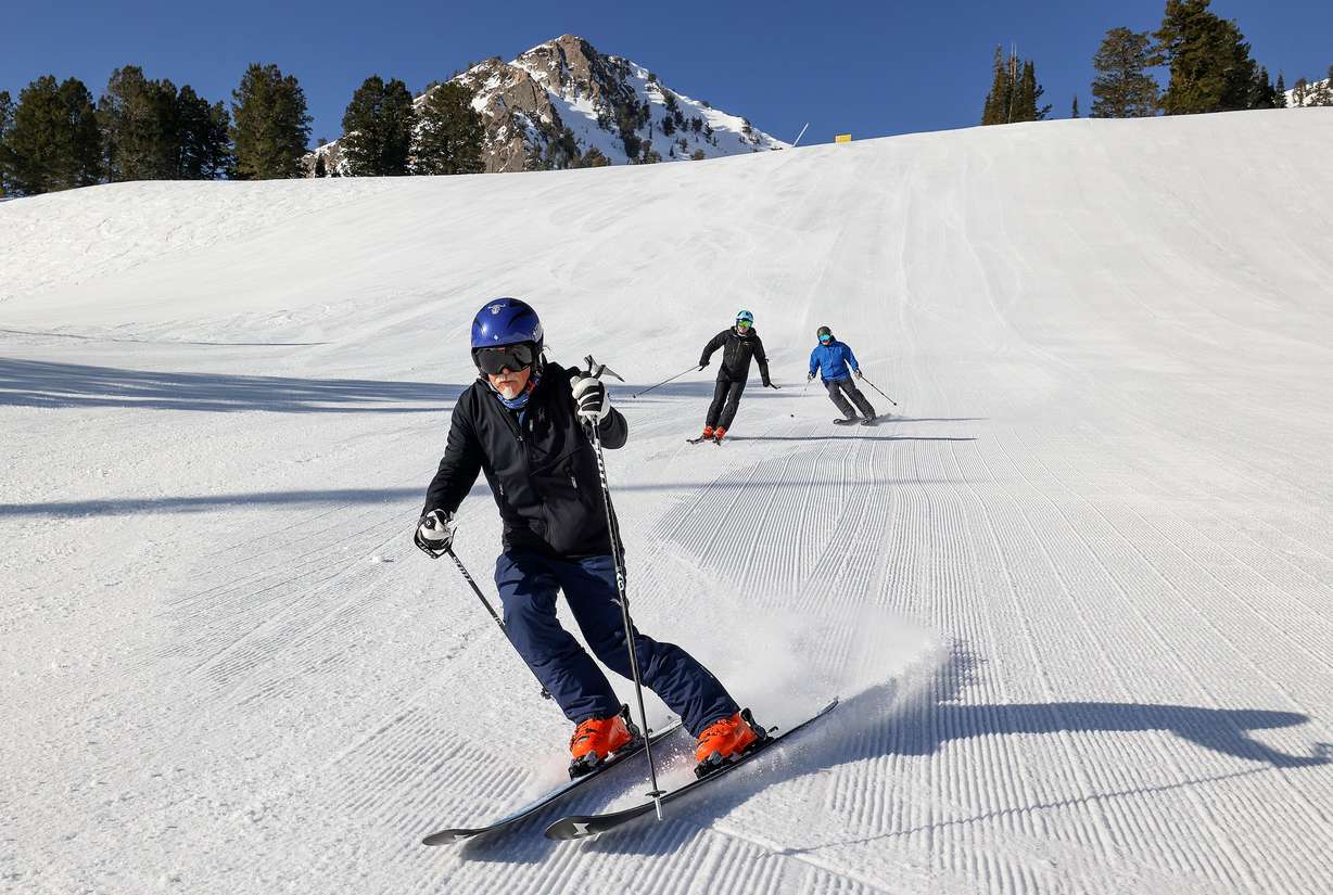 Tom Hart skies at Snowbasin Resort in Weber County on April 10. Snowbasin is Hart's home mountain.