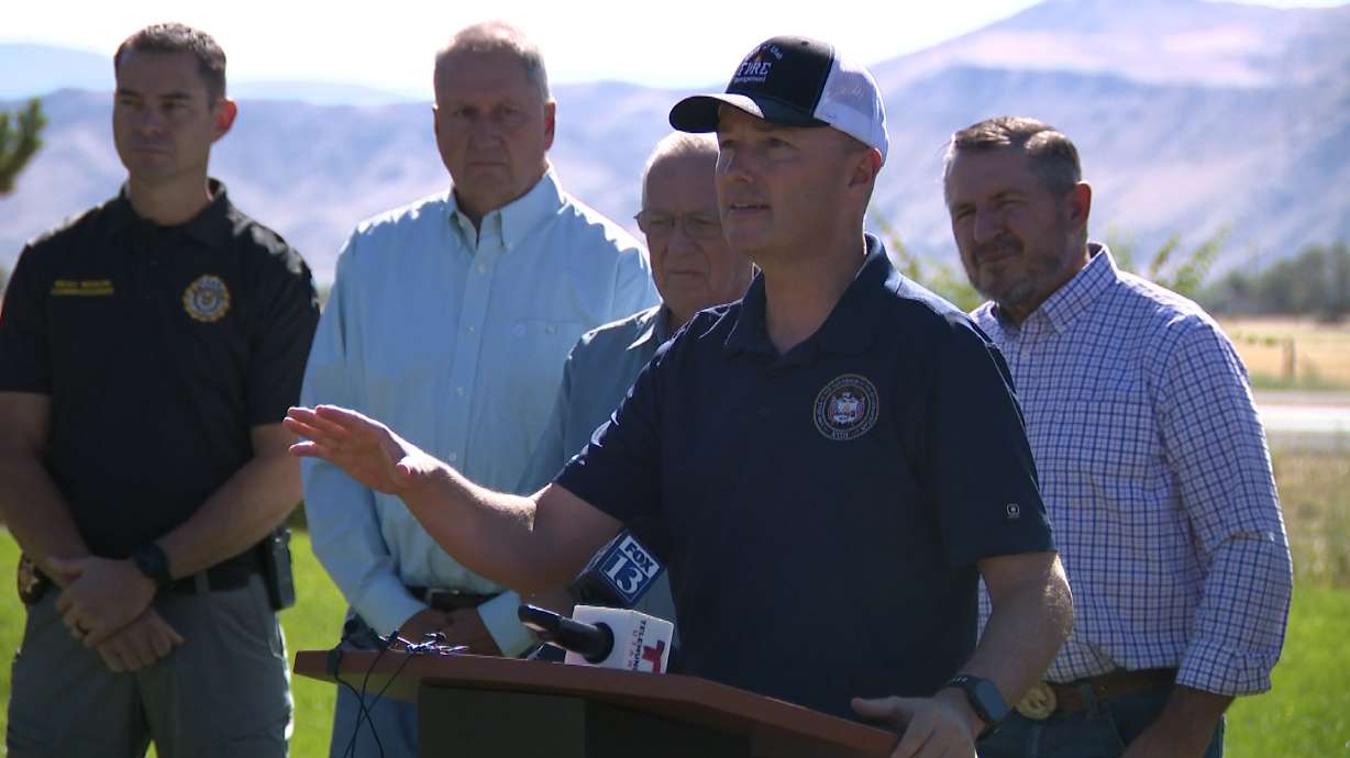 Gov. Spencer Cox speaks during a press briefing about the Monroe Canyon Fire in Richfield on Friday. Cox said fire conditions across the state are bad, which is why he's asking for Utahns to be careful while outdoors.