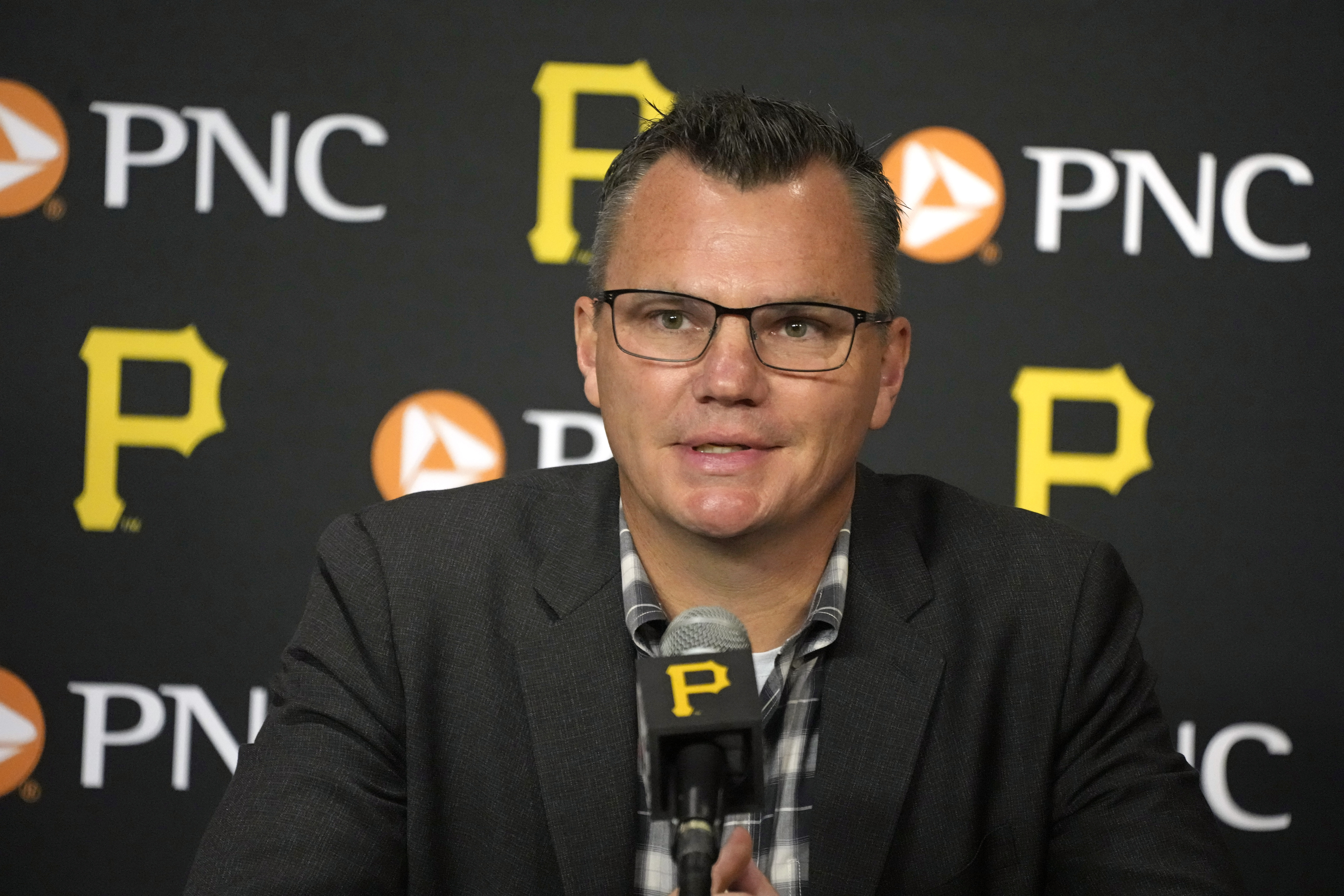 Pittsburgh Pirates general manager Ben Cherington speaks during a baseball news conference in Pittsburgh, Tuesday, July 18, 2023. 