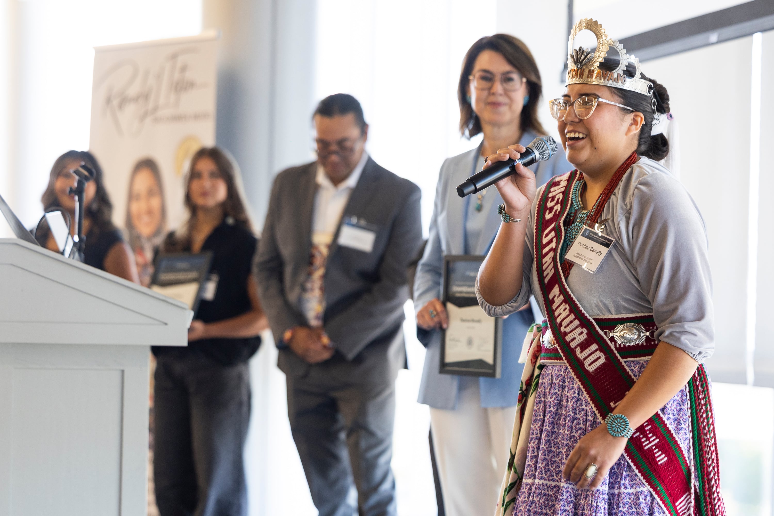 Desiree Benally speaks at the opening session of the 2025 Utah Native American Summit at Utah Valley University in Orem on Friday. The event focuses on bettering relations between tribal and state government.