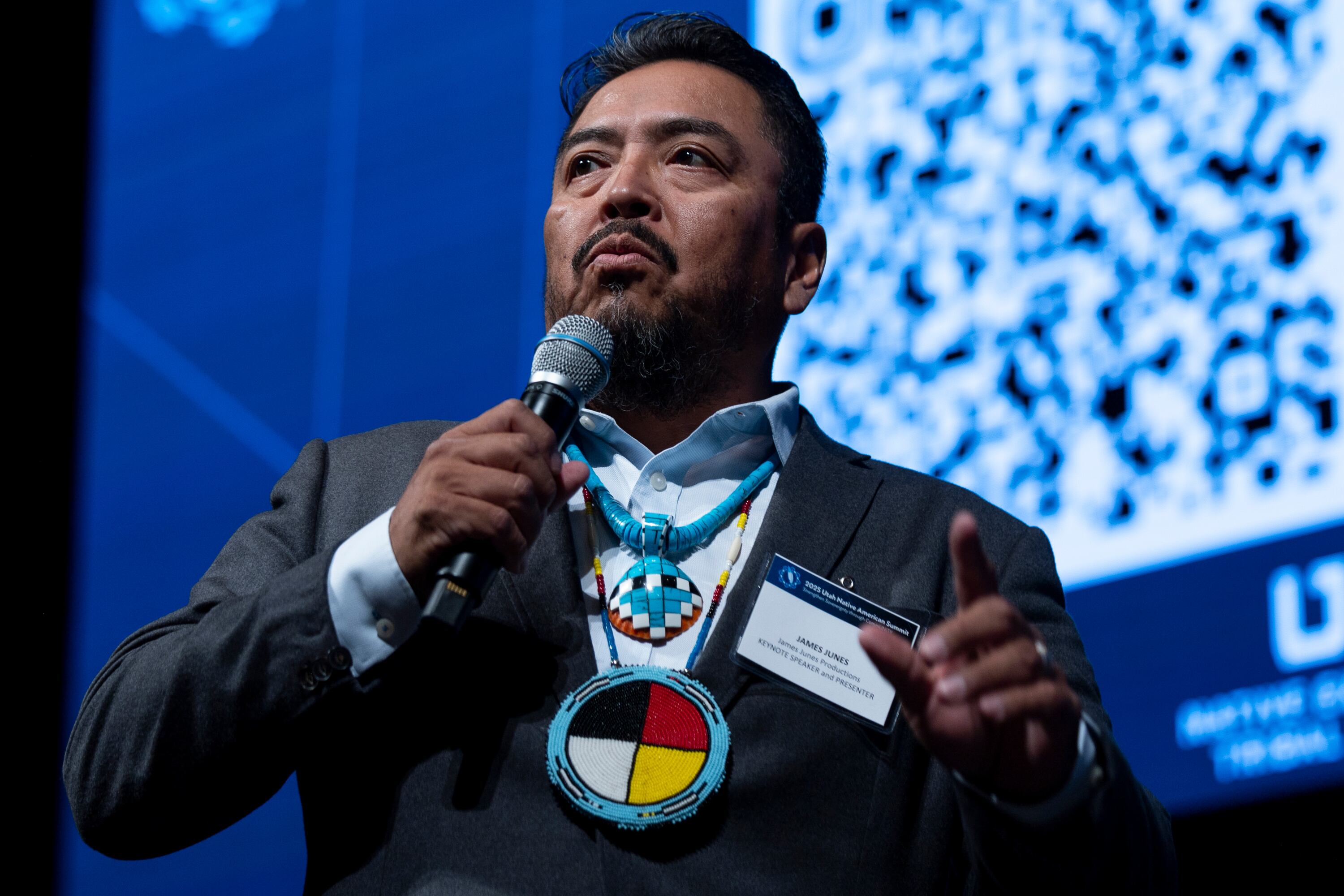 James Junes speaks at the 2025 Utah Native American Summit at Utah Valley University in Orem on Friday. The summit featured speakers, activities, and a youth track.