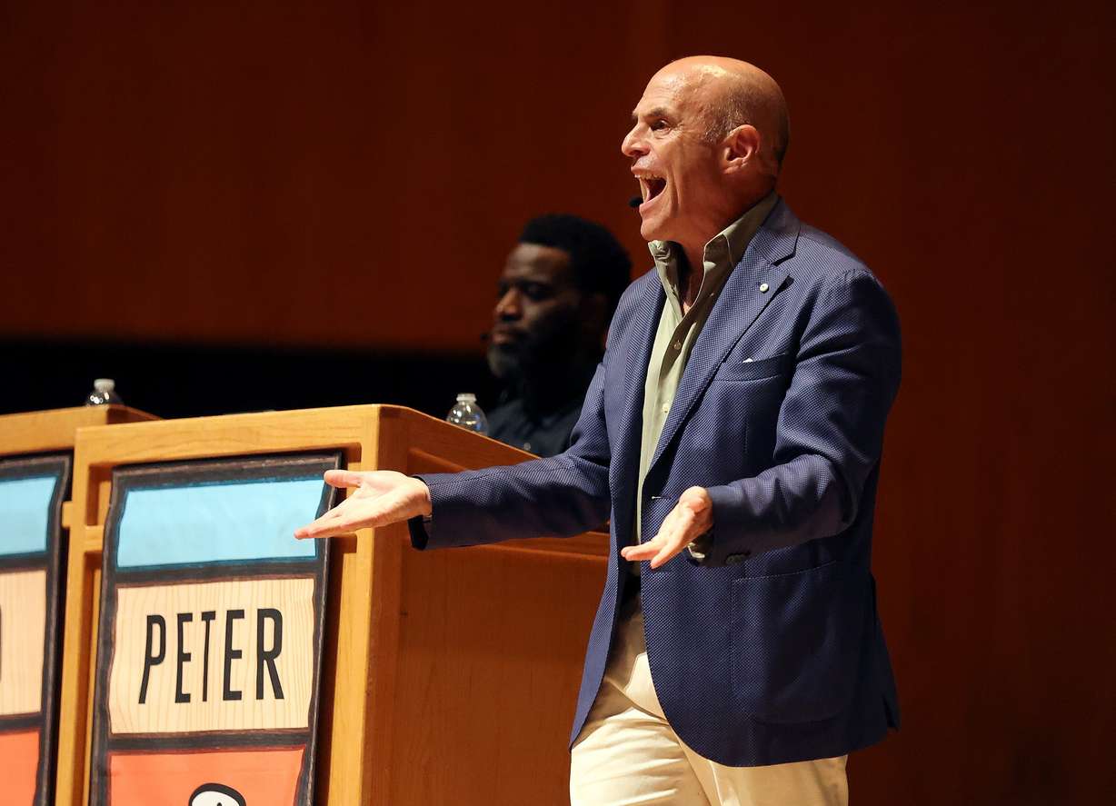Peter Sagal hosts the NPR news game show "Wait Wait... Don’t Tell Me!" at Abravanel Hall in Salt Lake City on Thursday.