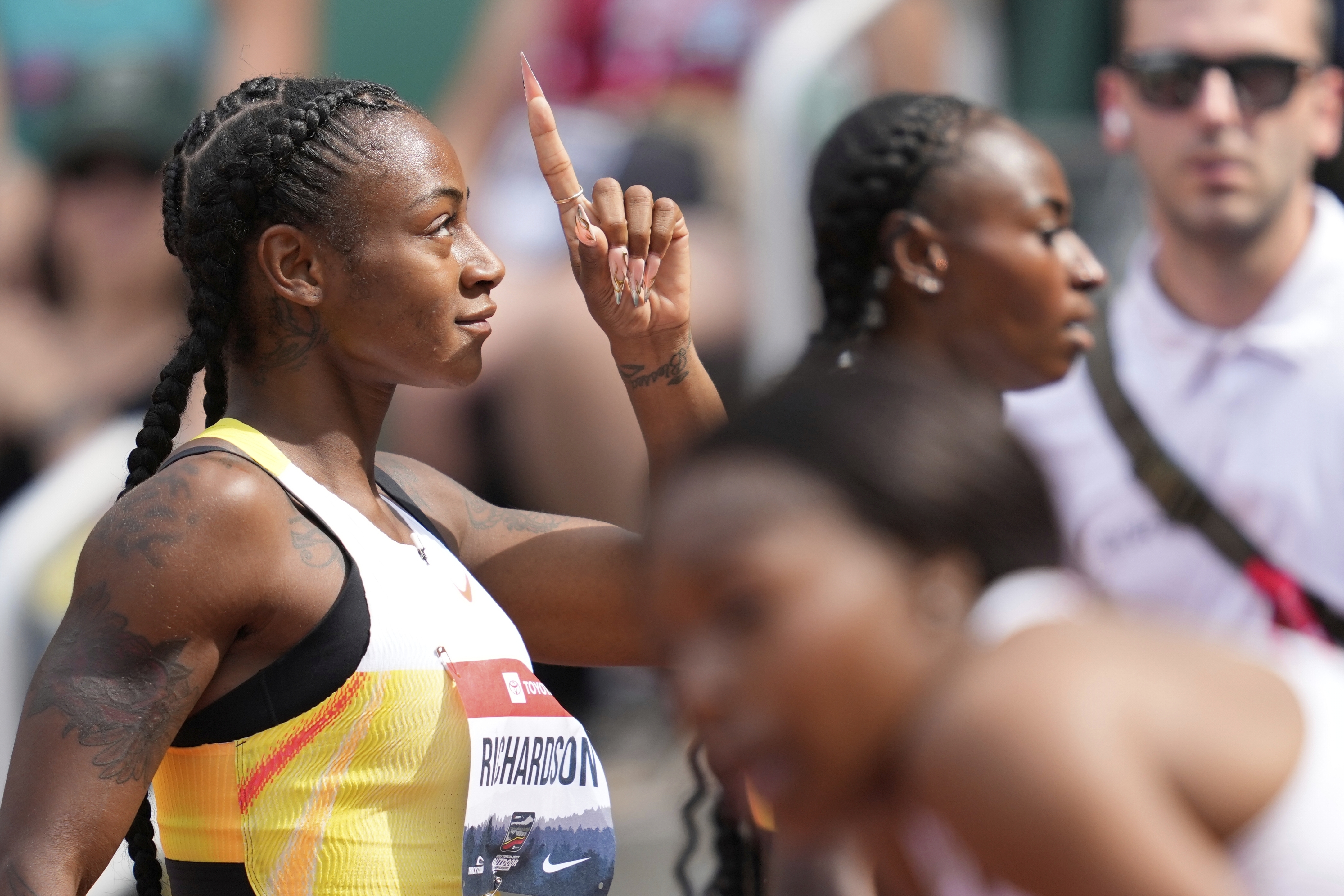 Sha'Carri Richardson reacts after winning her 100m heat during the U.S. Championships athletics meet in Eugene, Ore.,Thursday, July 31, 2025.