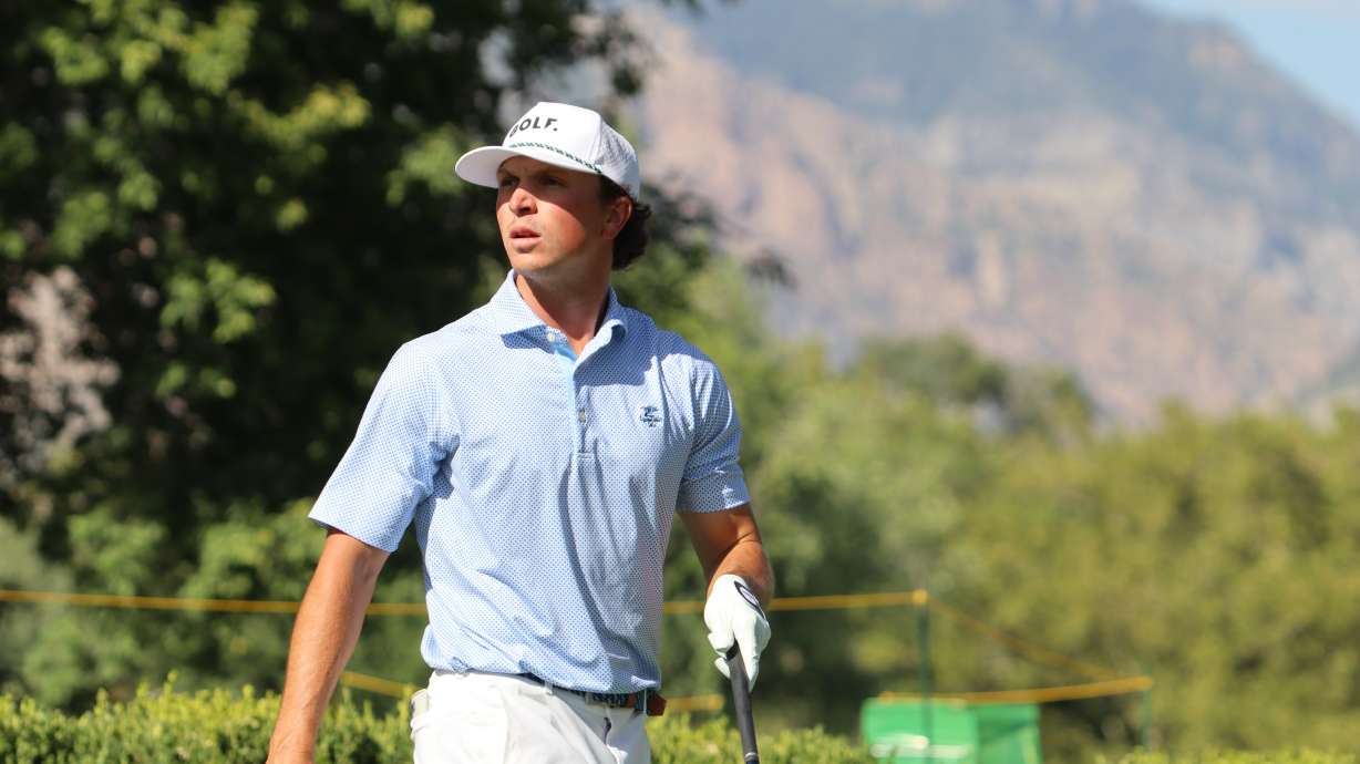 Former BYU golfer Cole Ponich watches his drive during the second round of the Utah Championship, Friday, Aug. 1, 2025, at Ogden Golf and Country Club in Ogden, Utah.