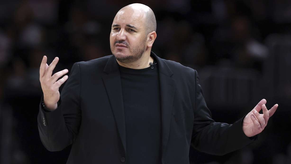 Connecticut Sun head coach Rachid Meziane gestures during the second half of a WNBA basketball game against the Indiana Fever, Tuesday, July 15, 2025, in Boston.