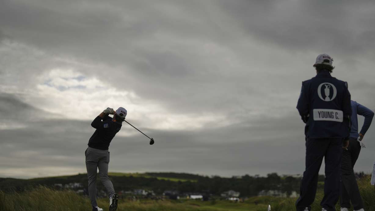 Cameron Young of the United States plays off the 8th tee during the first round of the British Open golf championship at the Royal Portrush Golf Club, Northern Ireland, Thursday, July 17, 2025.