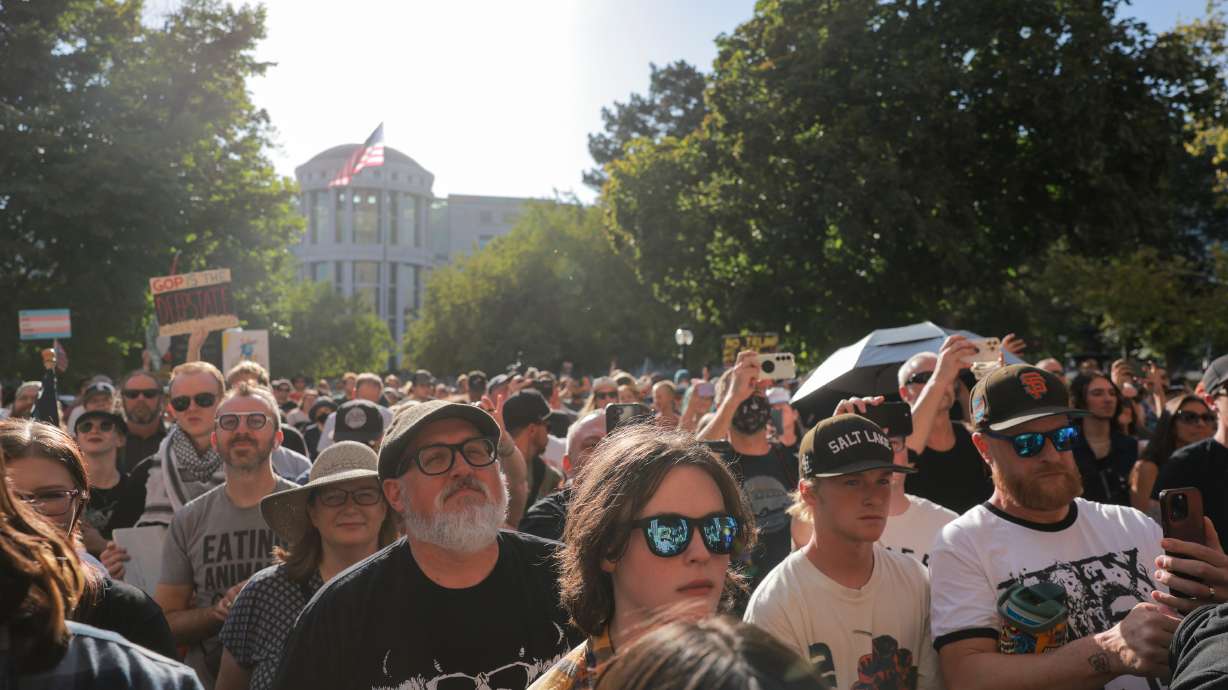 Protesters watch as the Dropkick Murphys perform during a Rage Against the Regime rally at the Salt Lake City-County Building in Salt Lake City on Saturday.