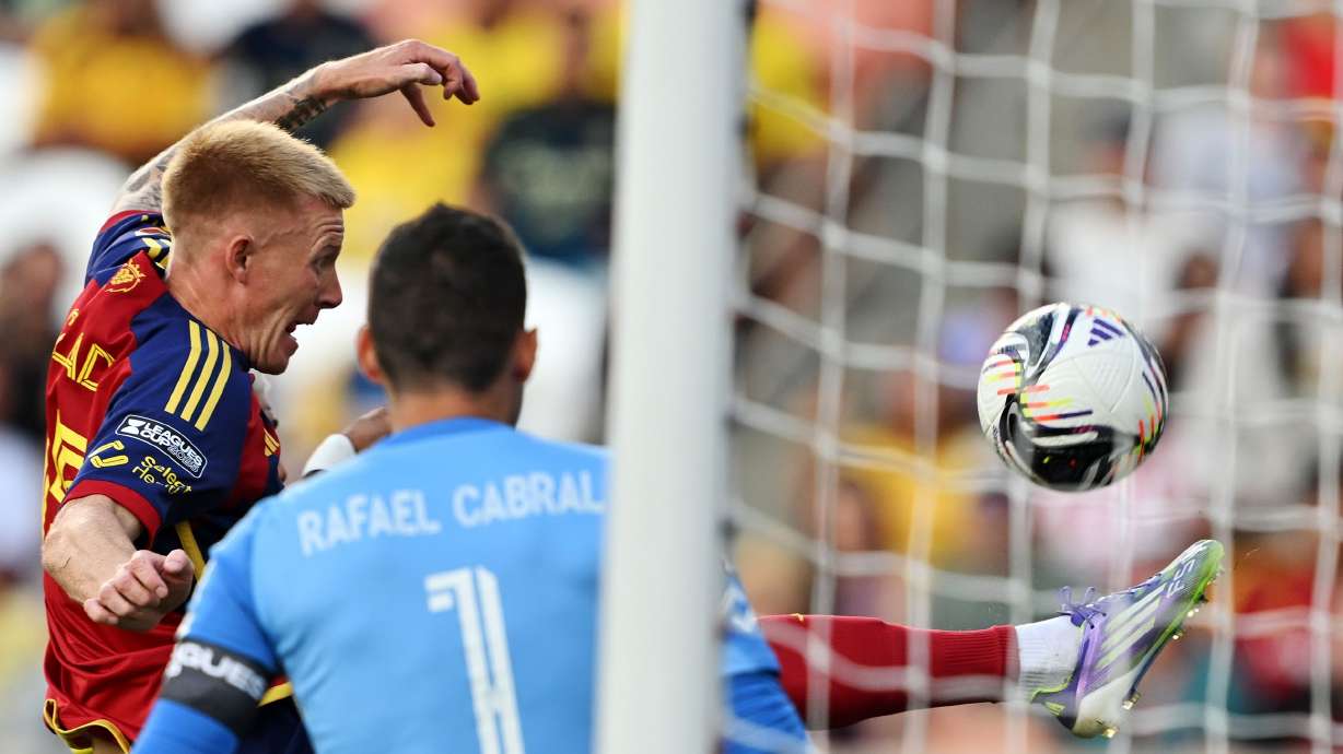 Real Salt Lake’s Justen Glad kicks the ball away saving a goal as goalkeeper Rafael Cabral reacts as they and Club America play in the Leagues Cup Phase One at America First Field in Sandy on Wednesday, July 30, 2025.
