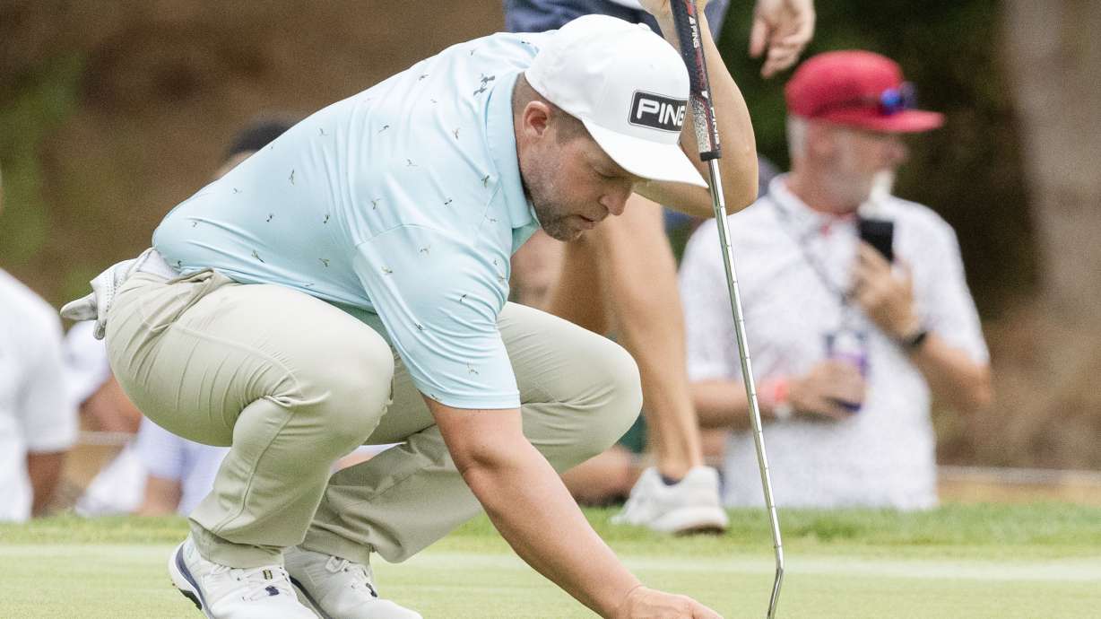 Daniel Summerhays lines up a putt during the Korn Ferry Tour Utah Championship at Oakridge Country Club in Farmington on Saturday, Aug. 3, 2024.