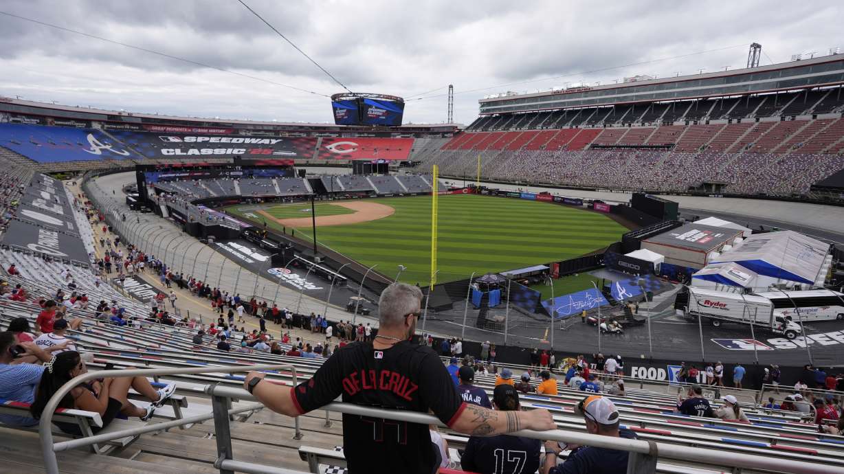 Fans gather for the MLB Speedway Classic baseball game at Bristol Motor Speedway in Bristol, Tenn., Sunday, Aug. 3, 2025. Play was resumed today after yesterday's weather delay.