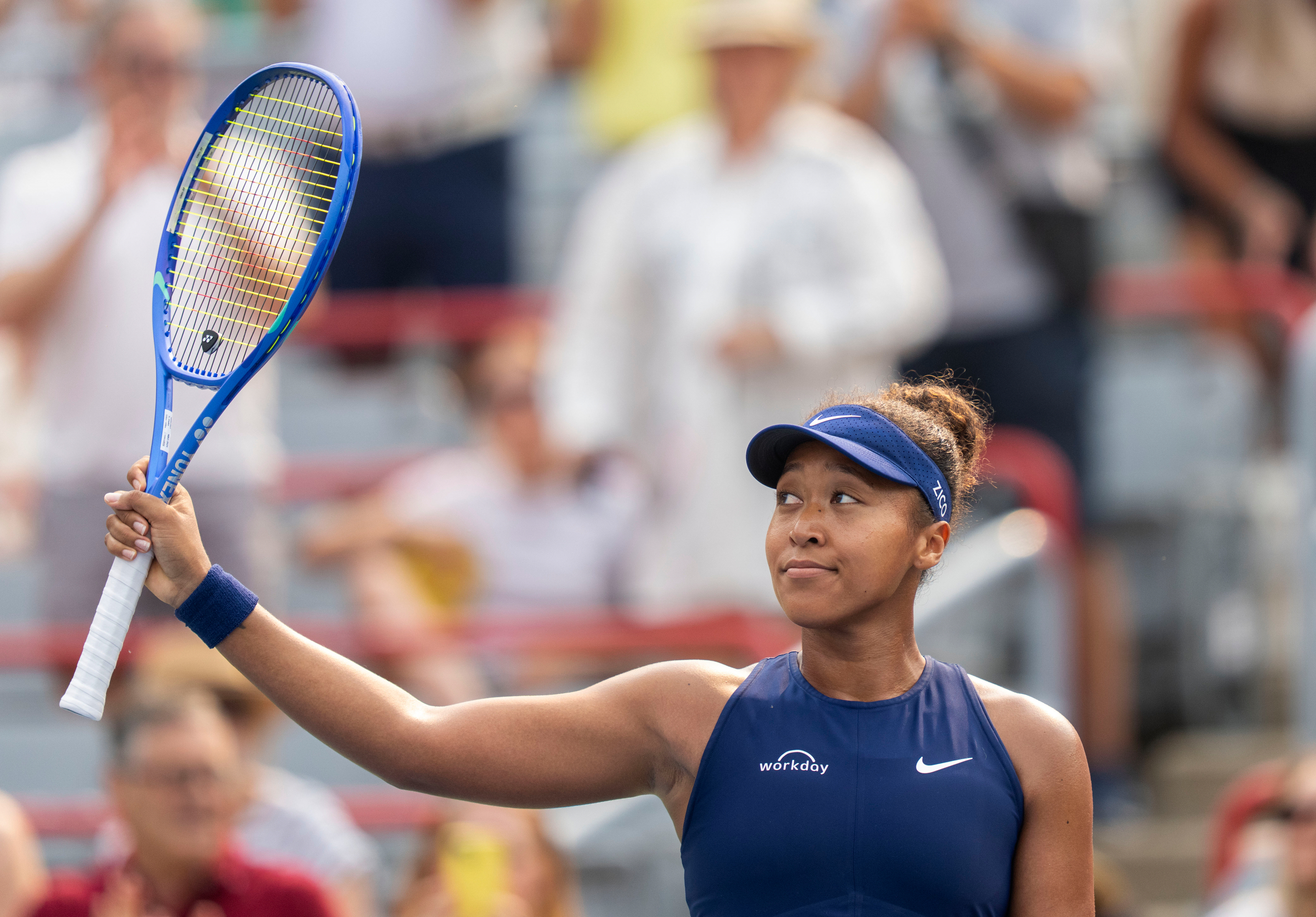 Naomi Osaka, of Japan, celebrates after her win over Anastasija Sevastova, of Latvia, during round of 16 match action at the National Bank Open women's tennis tournament in Montreal, Sunday, Aug. 3, 2025.