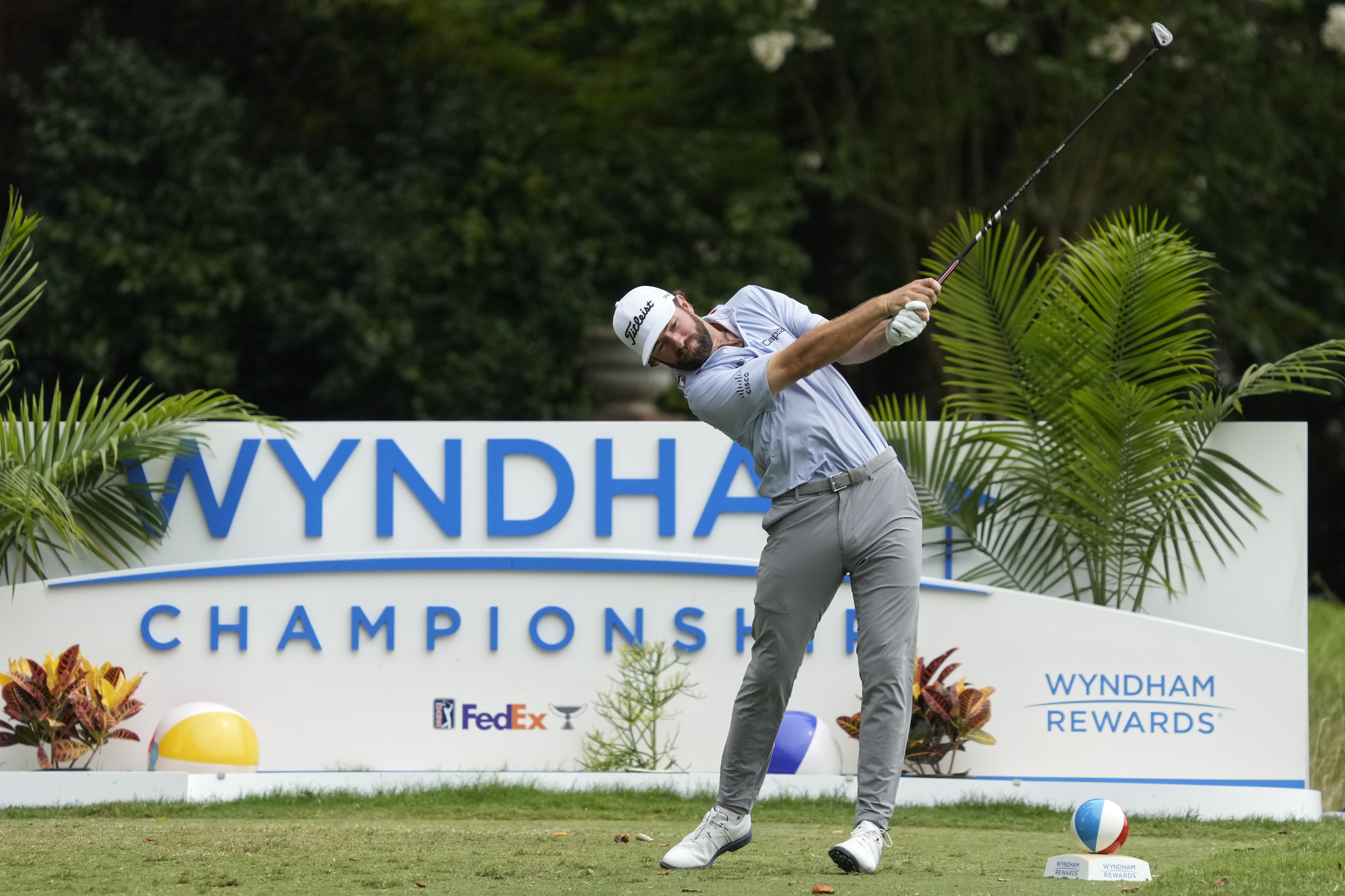Cameron Young hits his tee shot on the ninth hole during the final round of the Wyndham Championship golf tournament in Greensboro, N.C., Sunday, Aug. 3, 2025.
