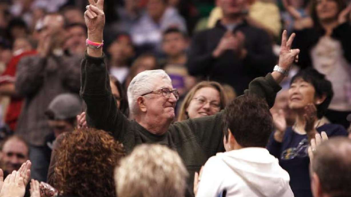 Former Jazz coach Frank Layden is announced to the crowd on his birthday in Salt Lake City, Jan. 6, 2012.