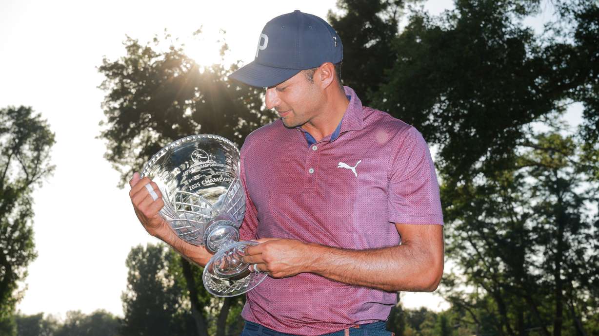 Julian Suri poses with the trophy after winning the 2025 Utah Championship at Ogden Golf & Country Club in Ogden on Sunday, Aug. 3, 2025.