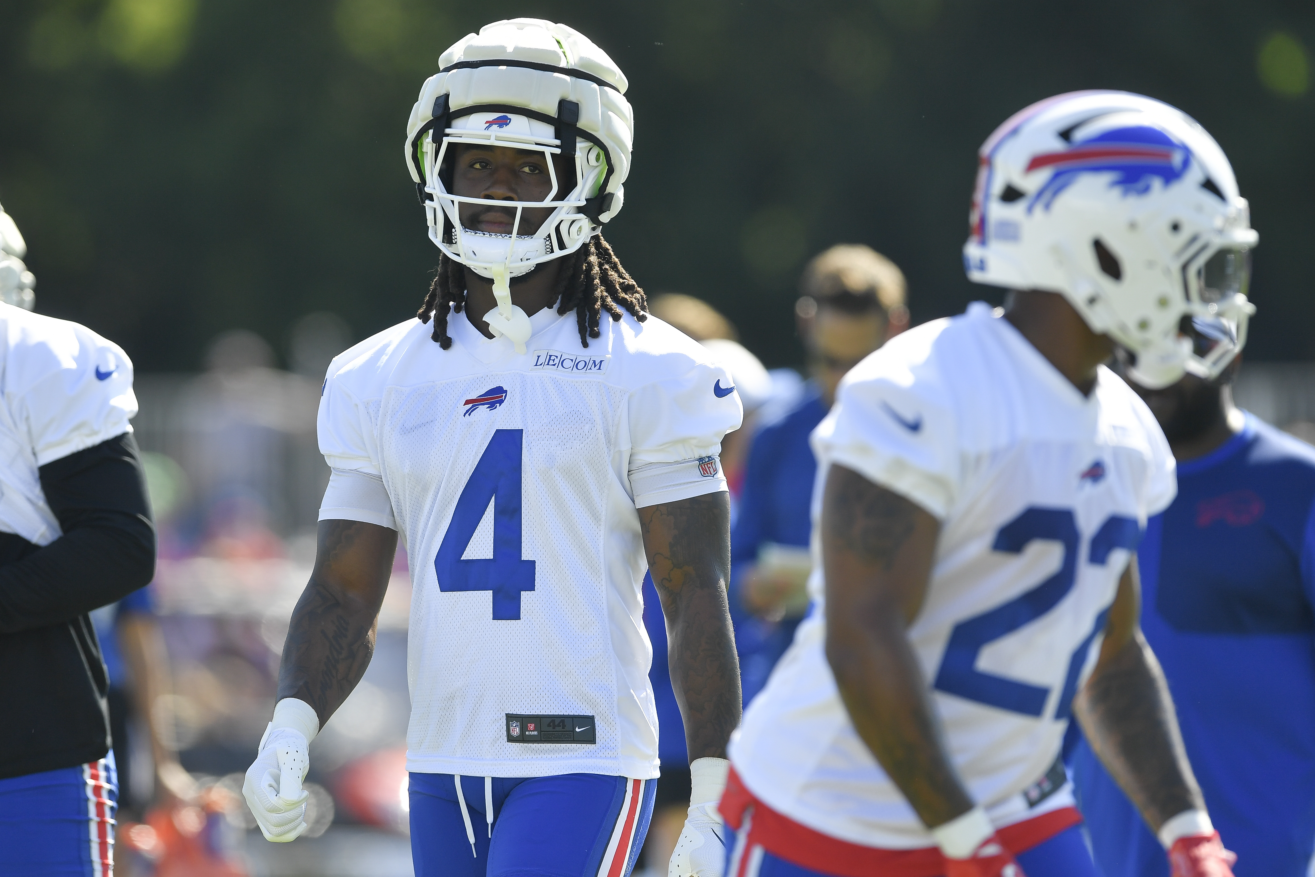 Buffalo Bills running back James Cook (4) walks on the field during practice at the team’s NFL football training camp, Wednesday, July 23, 2025, in Pittsford, N.Y.
