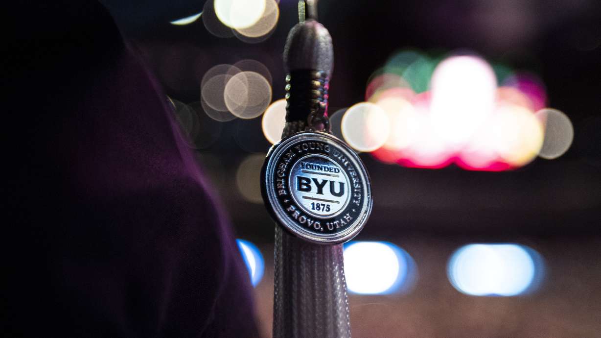 A tassel hangs from a graduate’s cap during Brigham Young University’s commencement ceremony held at the Marriott Center in Provo on Thursday, April 24, 2025.