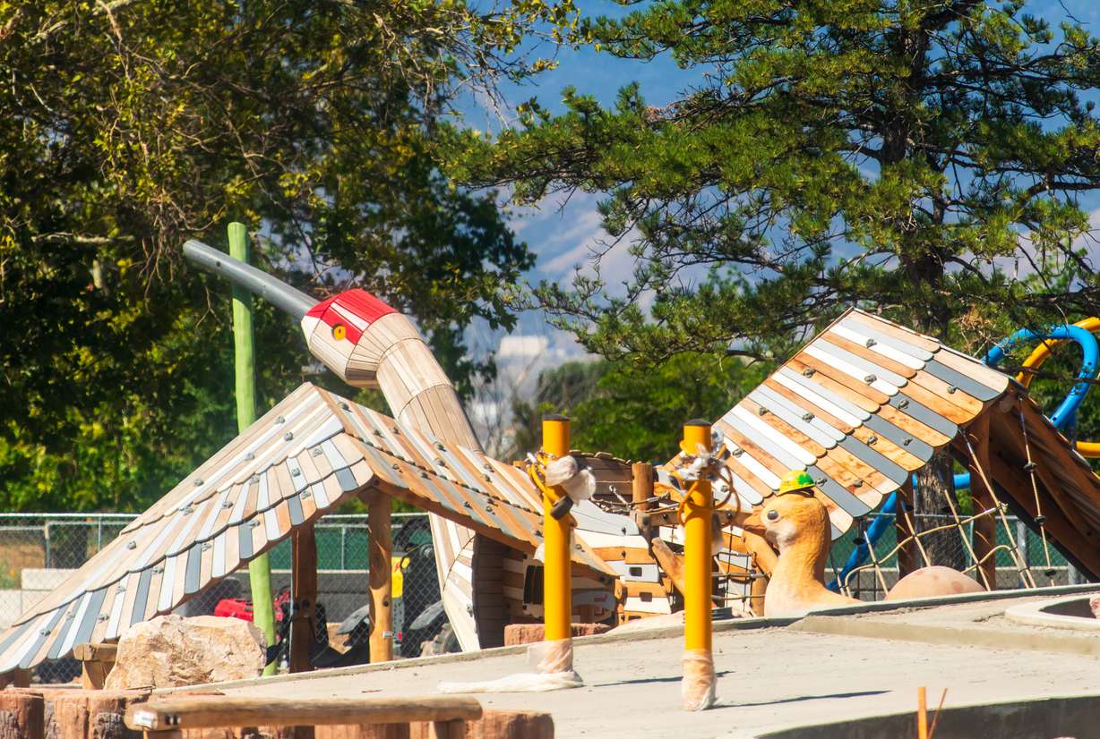A play structure shaped like a sandhill crane is pictured on Saturday. It's one of the new elements of Glendale Regional Park in Salt Lake City that is slated to open this fall.