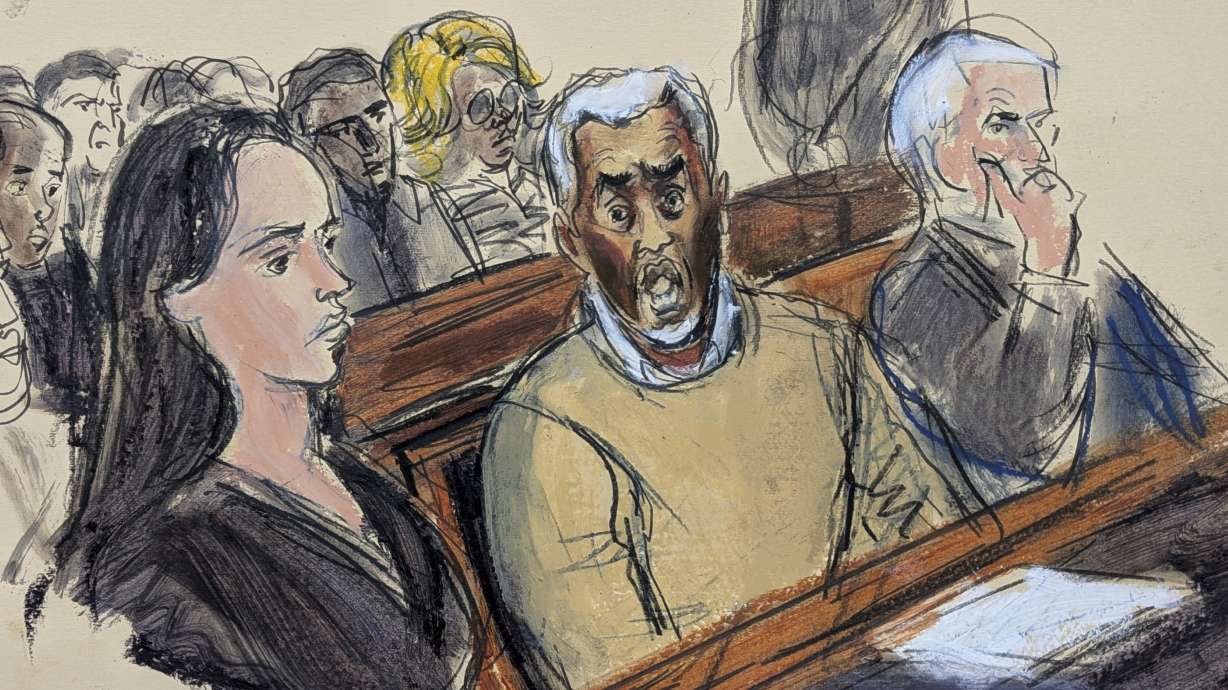 In this courtroom sketch, flanked by defense attorneys Teny Geragos, left, and Brian Steel, right, Sean "Diddy" Combs, center, reacts after he was denied bail on prostitution-related offenses, July 2, in Manhattan federal court in New York.