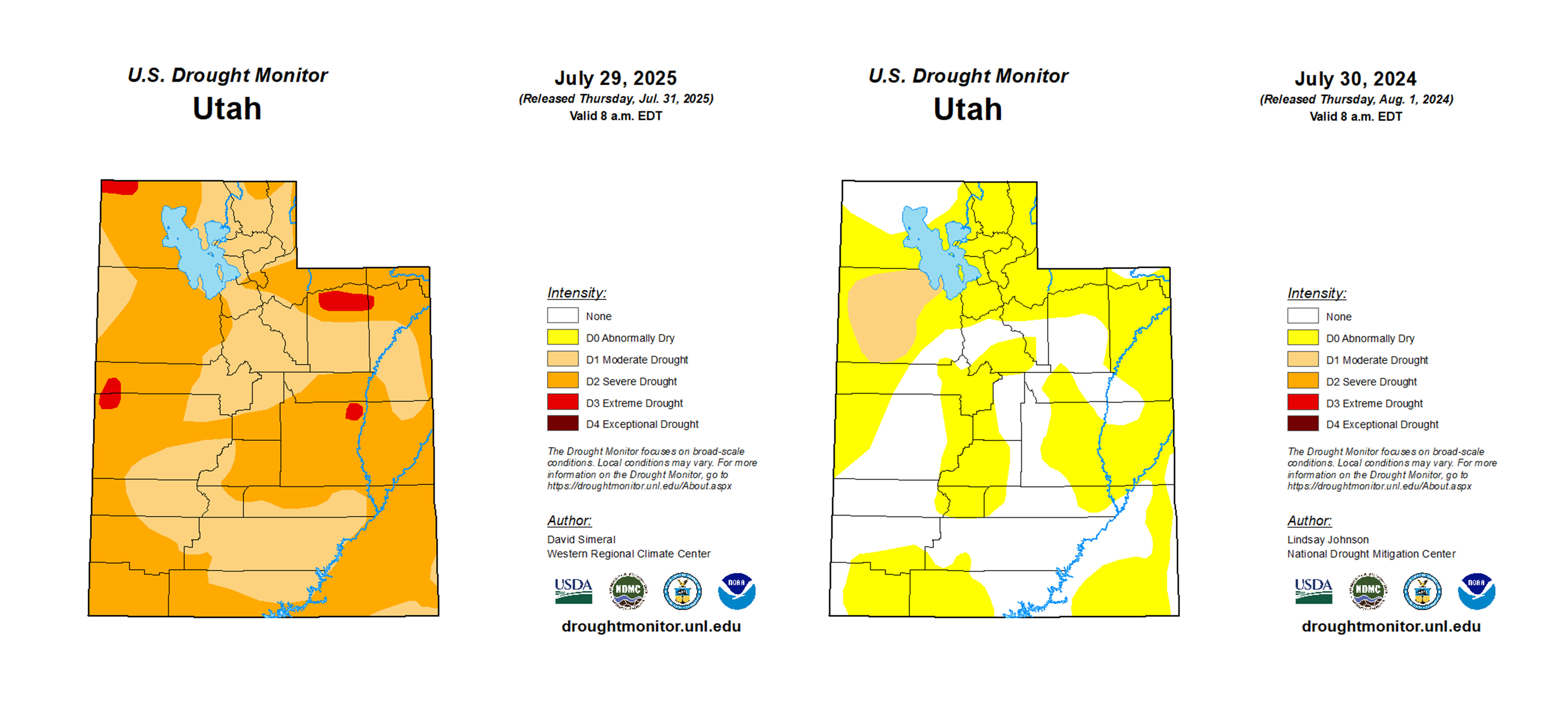 These maps, produced by the U.S. Drought Monitor, show Utah's drought situation at the end of July 2025 and the end of July 2024.