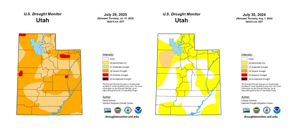These maps, produced by the U.S. Drought Monitor, show Utah's drought situation at the end of July 2025 and the end of July 2024.
