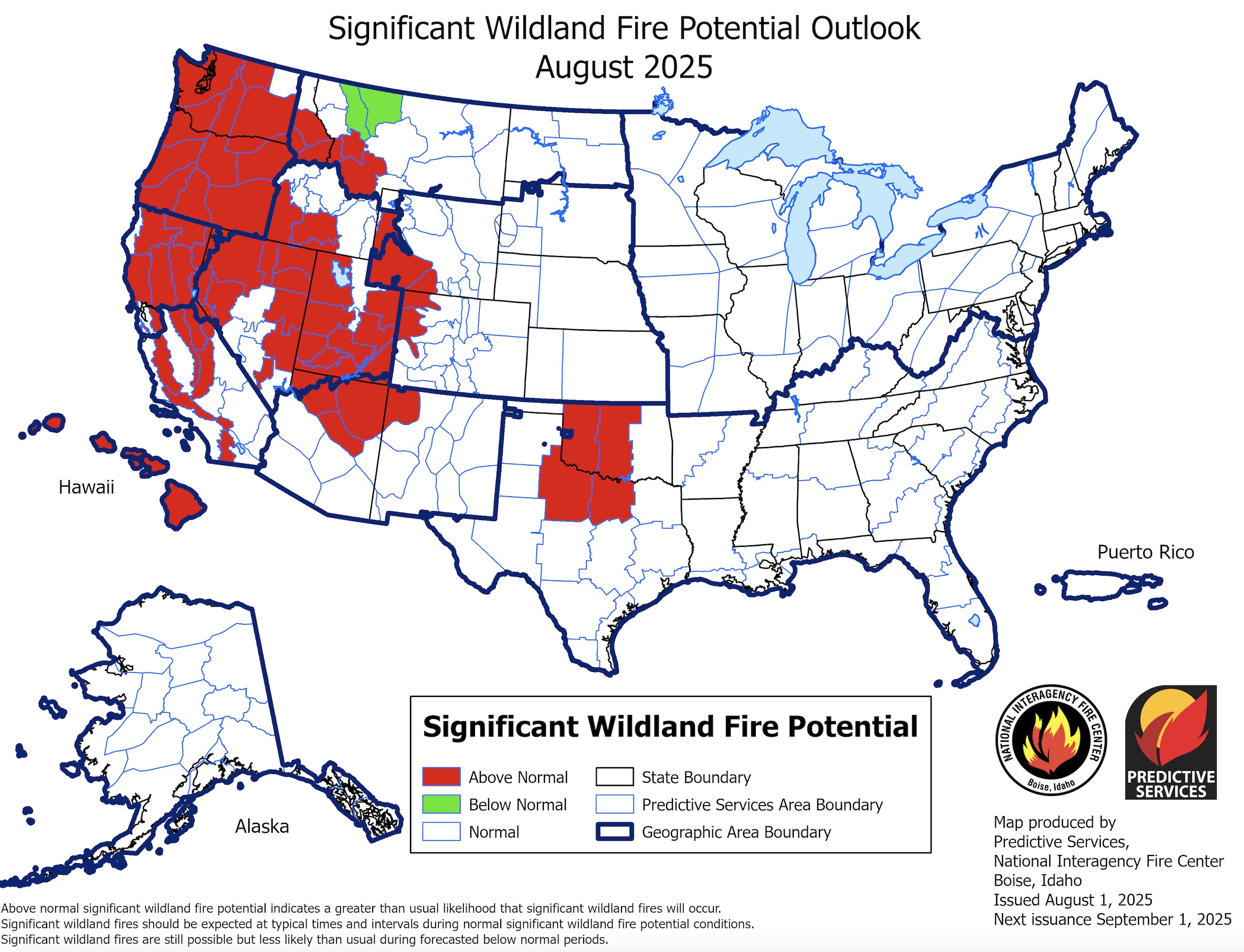 A map of fire danger across the U.S. at the start of August. Most of Utah is listed as having above-normal fire potential.