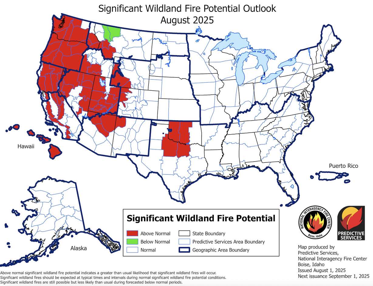 A map of fire danger across the U.S. at the start of August. Most of Utah is listed as having above-normal fire potential.