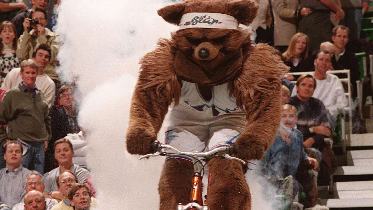 Jon Absey on Jan. 6, 1997, as the Jazz Bear, a position he held for 24 years. Absey has been diagnosed with pancreatic cancer, but is strengthened by young patients with cancer and other terminal diseases who continue to smile.