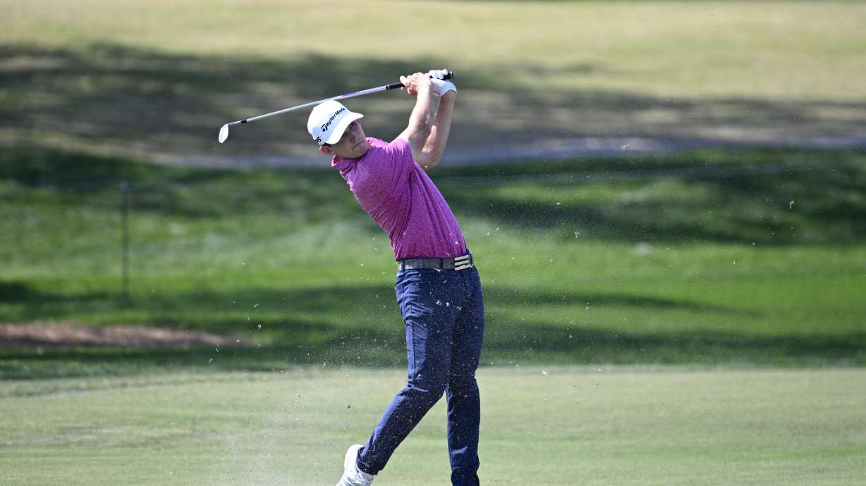FILE - Jacob Bridgeman hits from the third fairway during the final round of the Arnold Palmer Invitational at Bay Hill golf tournament, Sunday, March 9, 2025, in Orlando, Fla.