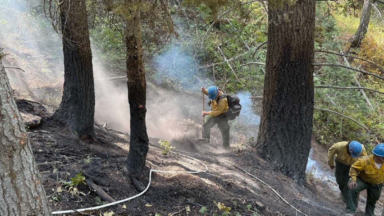 Crews work to contain a small wildfire start near Tibble Fork Reservoir in American Fork Canyon on Monday.