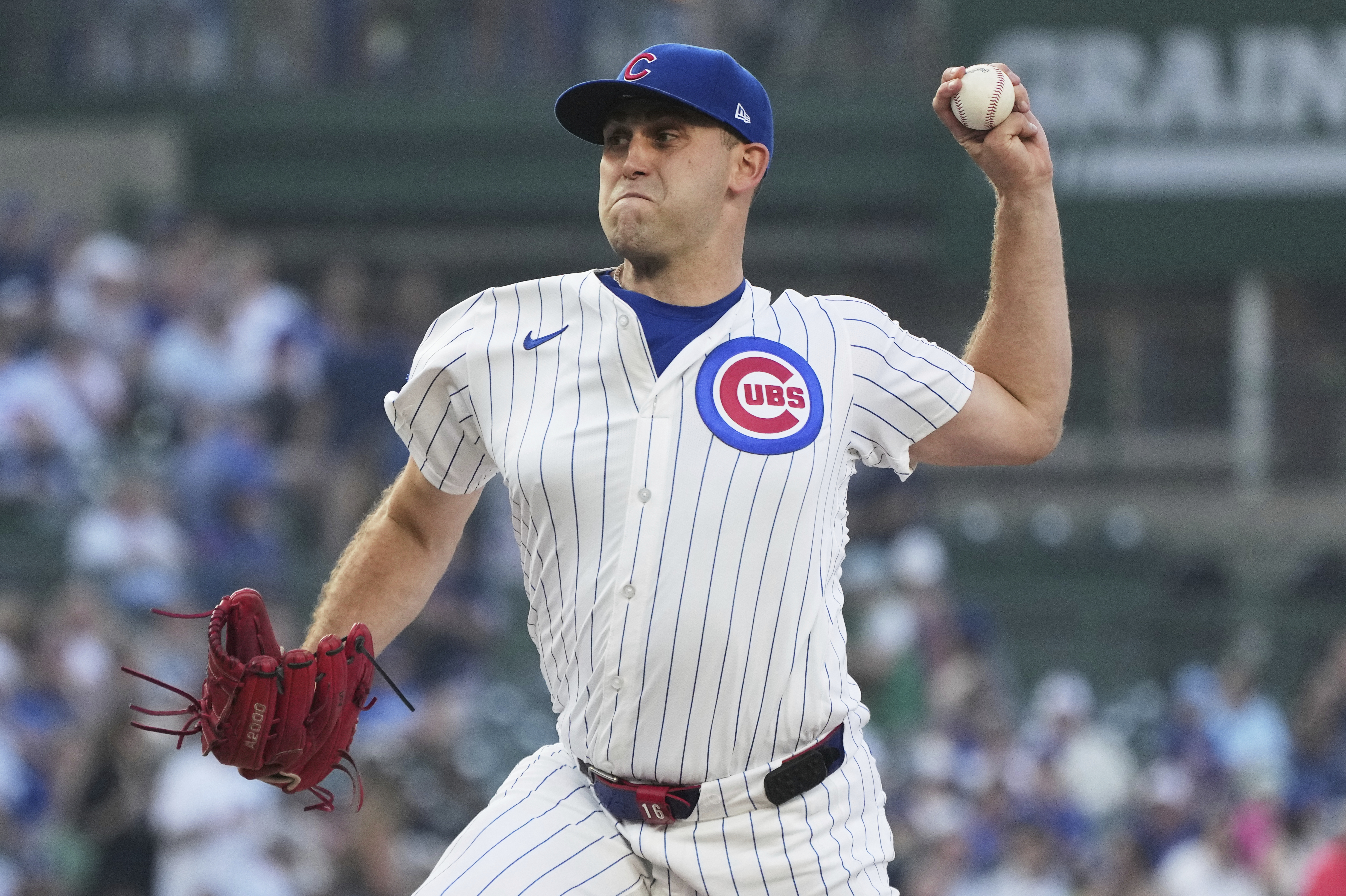Chicago Cubs starting pitcher Matthew Boyd throws against the Kansas City Royals during the first inning of a baseball game in Chicago, Tuesday, July 22, 2025.