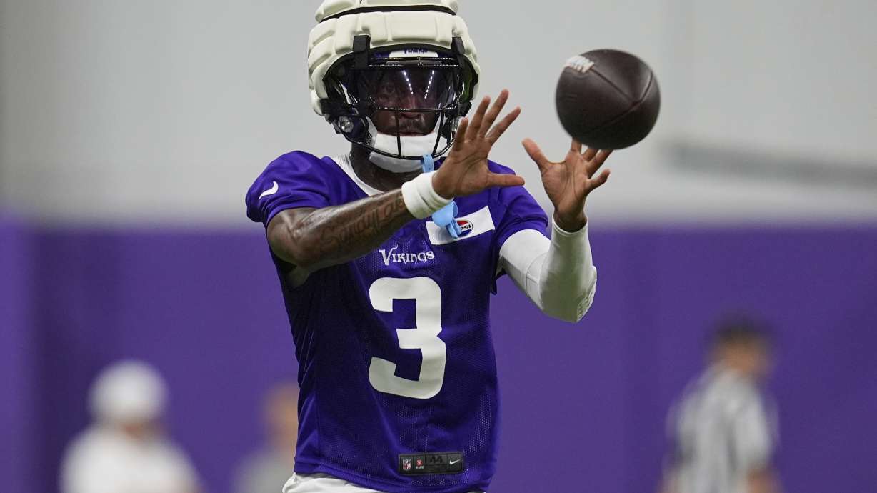 Minnesota Vikings wide receiver Jordan Addison (3) takes part in drills during the team's NFL football training camp Wednesday, July 23, 2025, in Eagan, Minn.