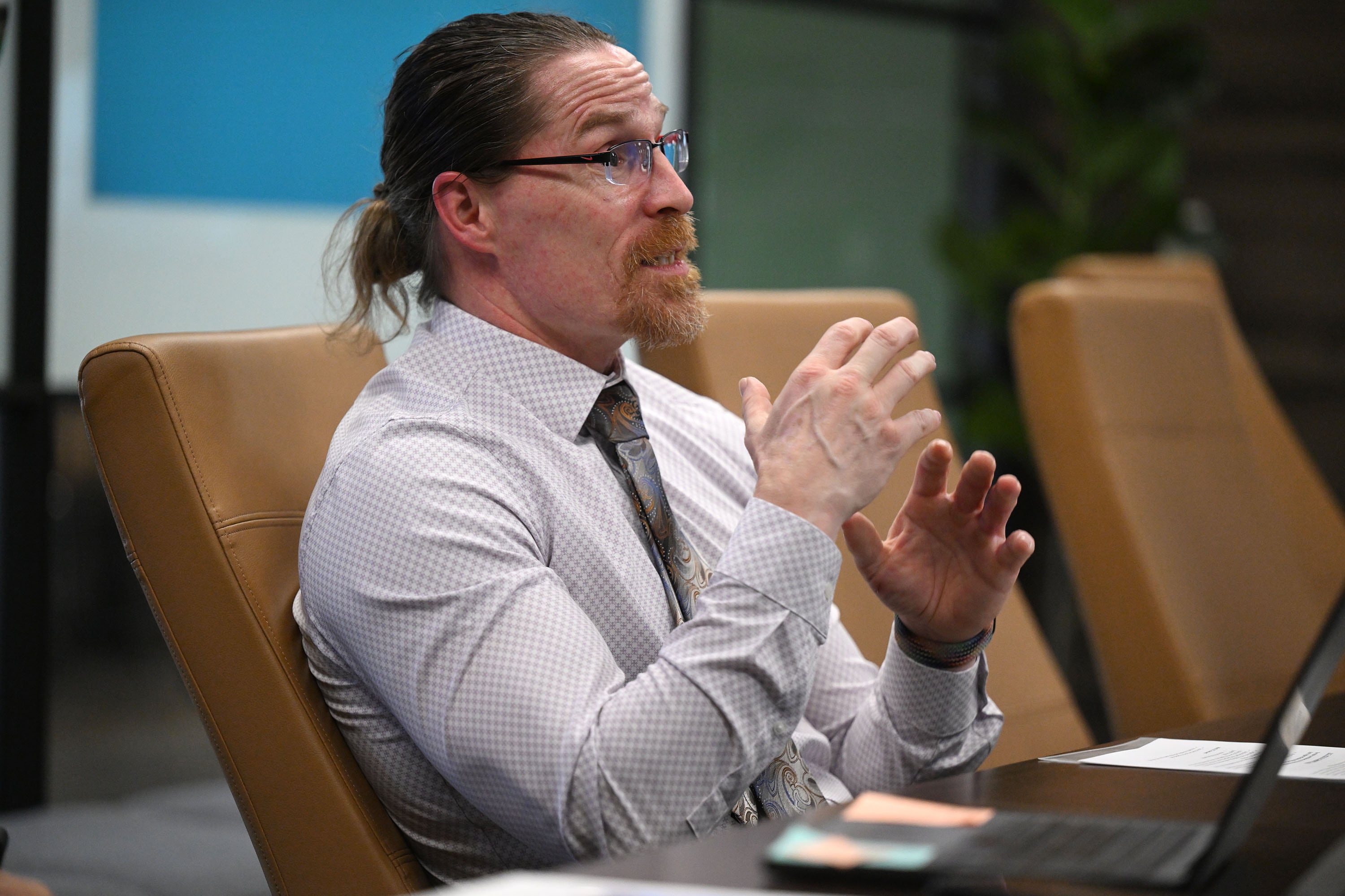 Salt Lake Community College President Greg Peterson meets with the Deseret News and KSL editorial boards to discuss his first year, in Salt Lake City on Monday. Peterson spoke about his path to becoming a college graduate.