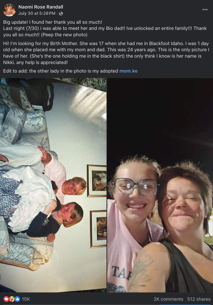 The Facebook post from Naomi Rose Randall, looking for her biological mother. Randall said a woman who knew her biological mother subsequently reached out to her, getting the two reconnected.