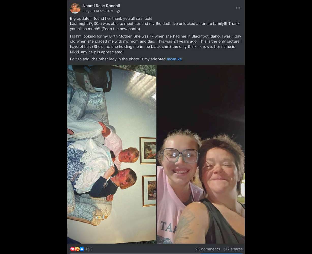 The Facebook post from Naomi Rose Randall, looking for her biological mother. Randall said a woman who knew her biological mother subsequently reached out to her, getting the two reconnected.