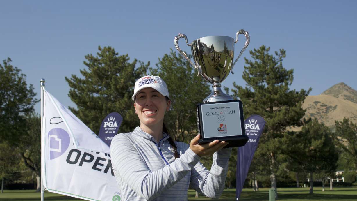 Former Texas golfer Emilee Hoffman celebrates after winning the Larry H. Miller Utah Women's Open, Tuesday, Aug. 5, 2025 at The Country Club in Salt Lake City.