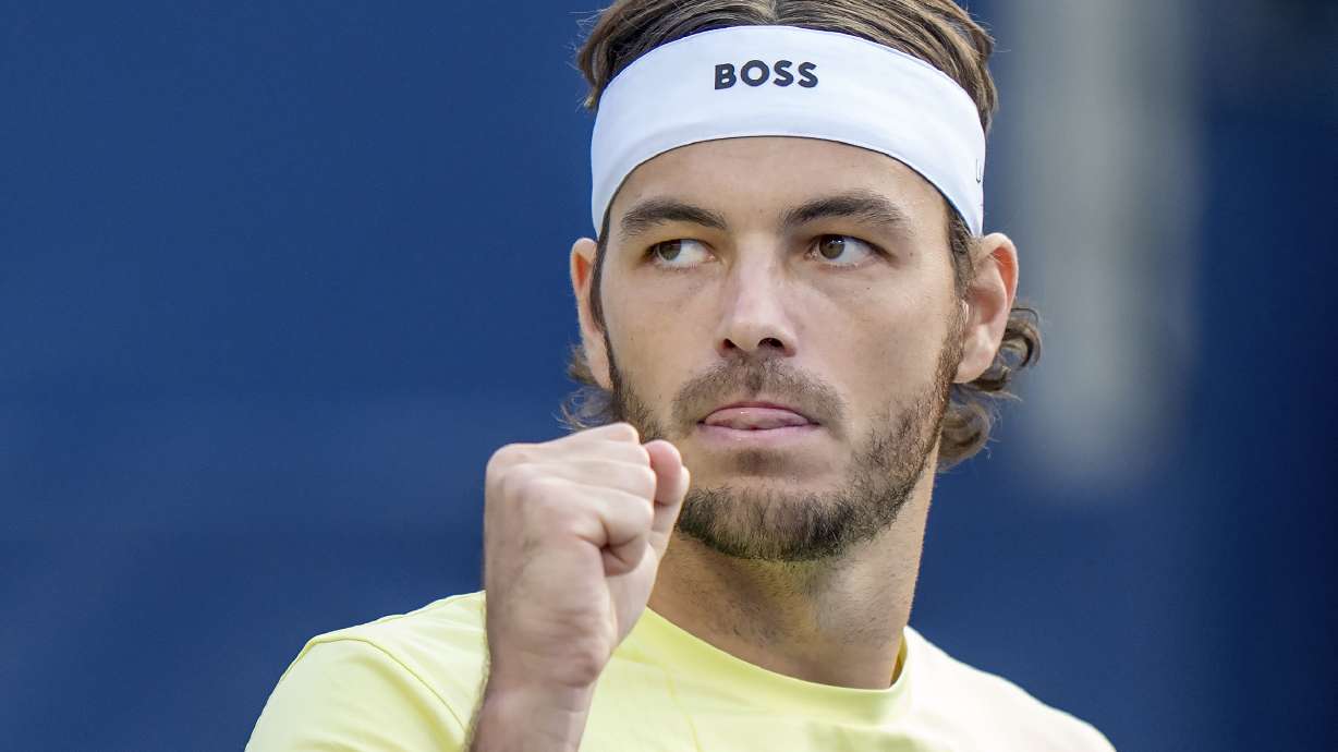 Taylor Fritz of the USA pumps his fist after breaking Andrey Rublev of Russia during their quarterfinal match at the National Bank Open in Toronto, Tuesday, Aug. 5, 2025.