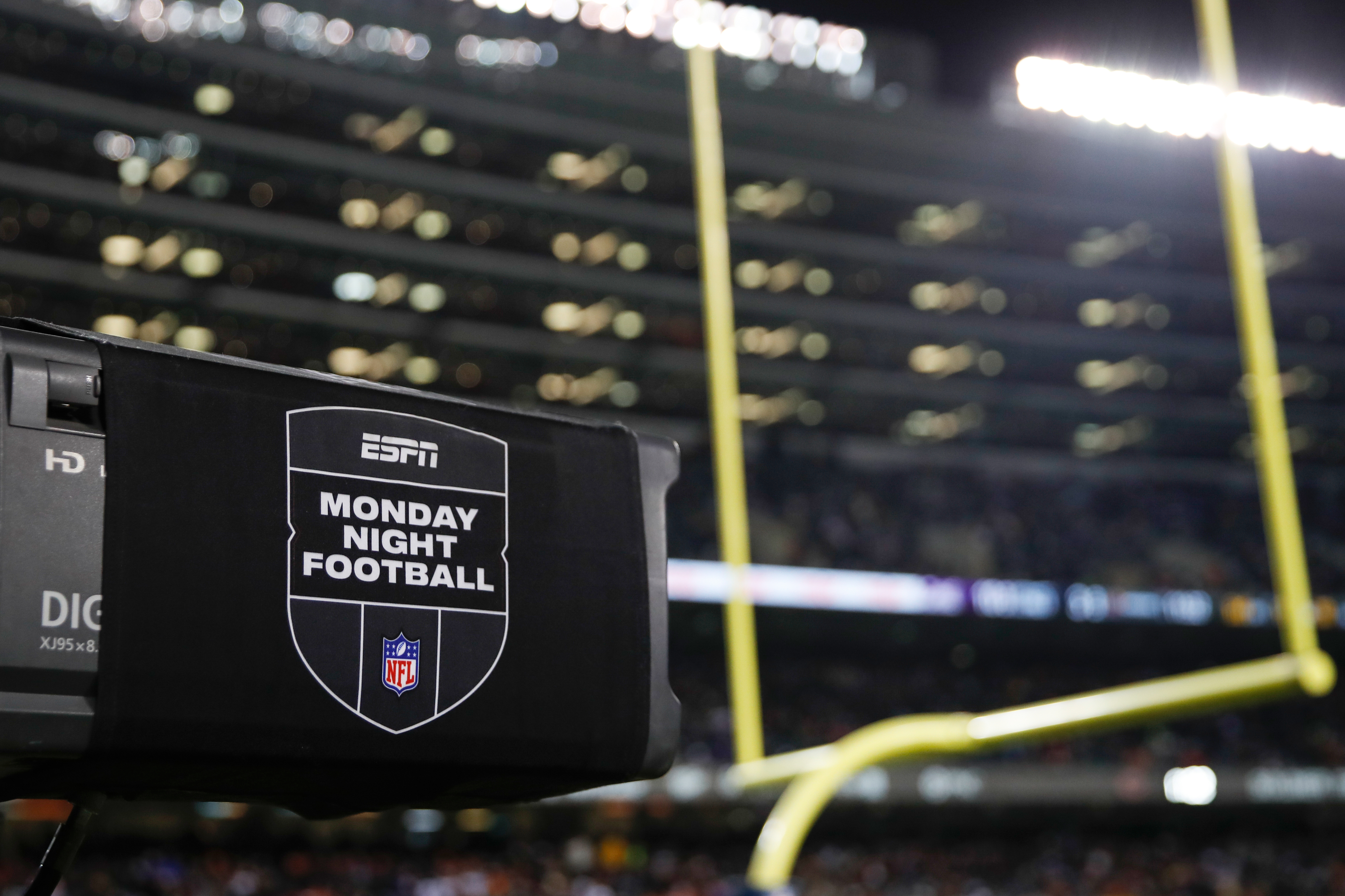 FILE - ESPN Monday Night Football TV camera is seen during the second half of an NFL football game between the Chicago Bears and Minnesota Vikings, Monday, Dec. 20, 2021, in Chicago.