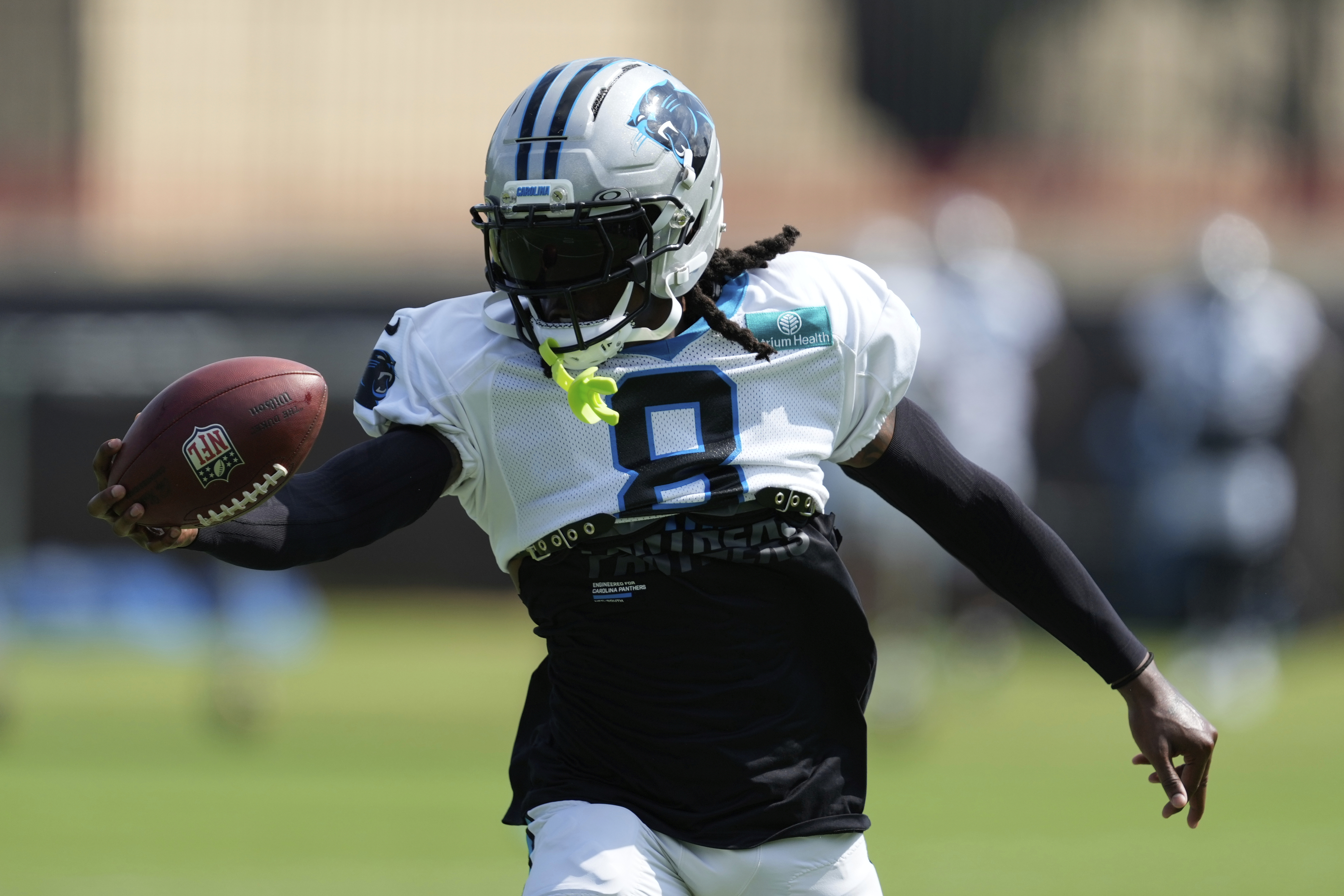 Carolina Panthers cornerback Jaycee Horn participates during an NFL football training camp, Wednesday, July 30, 2025, in Charlotte, N.C.