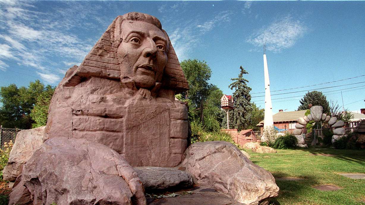 A sphinx with the face of Joseph Smith greets visitors at Gilgal Garden, at 452 S. 800 East, in Salt Lake City.