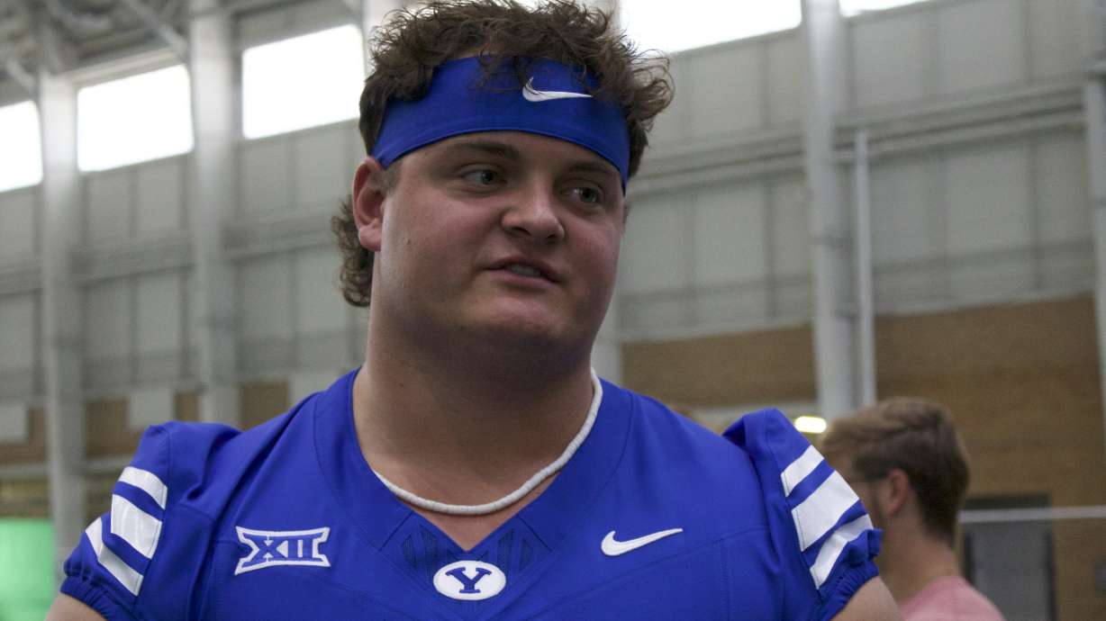 BYU defensive tackle Justin Kirkland speaks with the media during training camp, Wednesday, Aug. 6, 2025 in the Indoor Practice Facility in Provo, Utah.