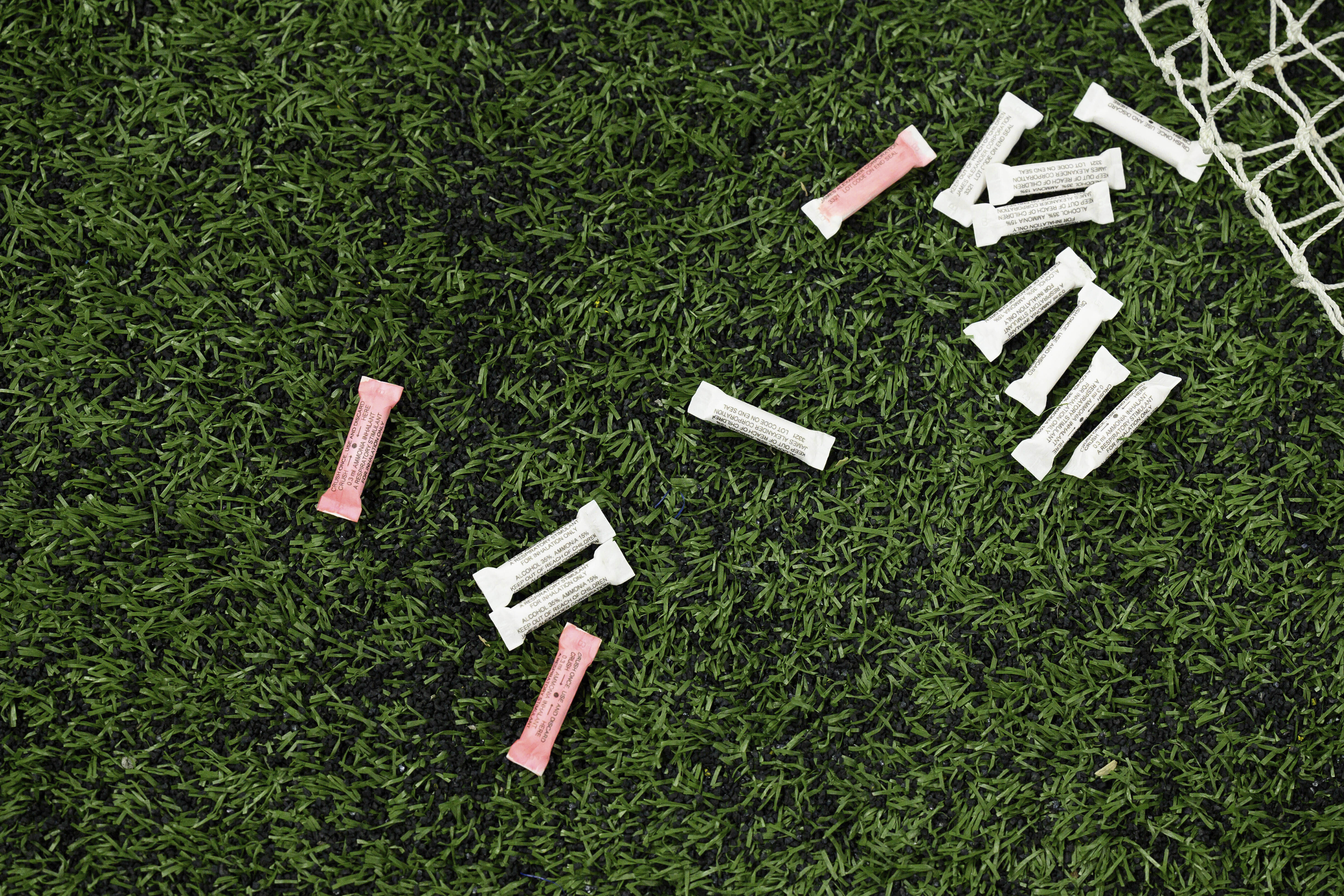 FILE - Smelling salts lay on the sidelines during an NFL football game between the Indianapolis Colts and Pittsburgh Steelers, Dec. 16, 2023, in Indianapolis.