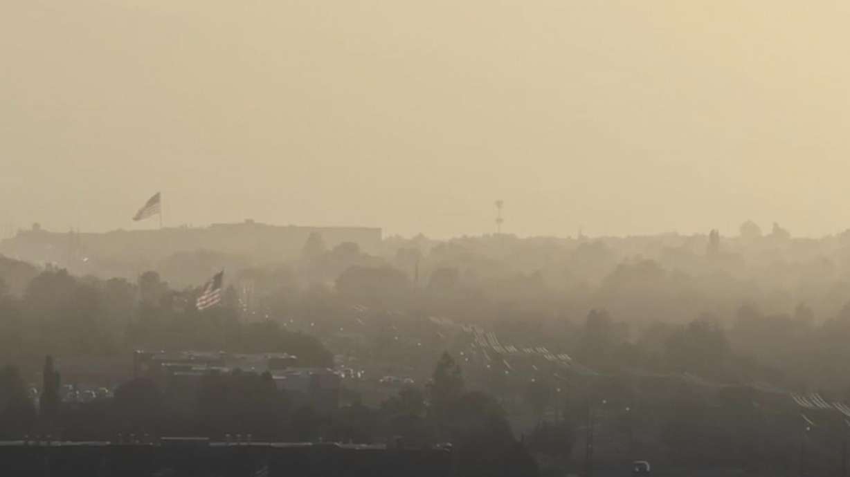 A panoramic view of Utah County blanketed in dust from the Great Salt Lake, Saturday. The storms are becoming more frequent as the Great Salt Lake shrinks, but what's in the dust is cause for concern.
