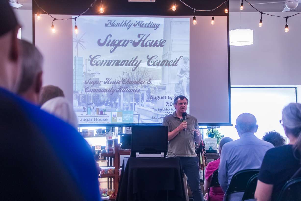 Salt Lake City planning director Nick Norris speaks at a Sugar House Community Council meeting at the Neighborhood Hive in Salt Lake City on Wednesday. Norris said there are still several steps before the city decides on whether or not to approve a rezone request tied to a proposed hotel next to Sugar House Park.