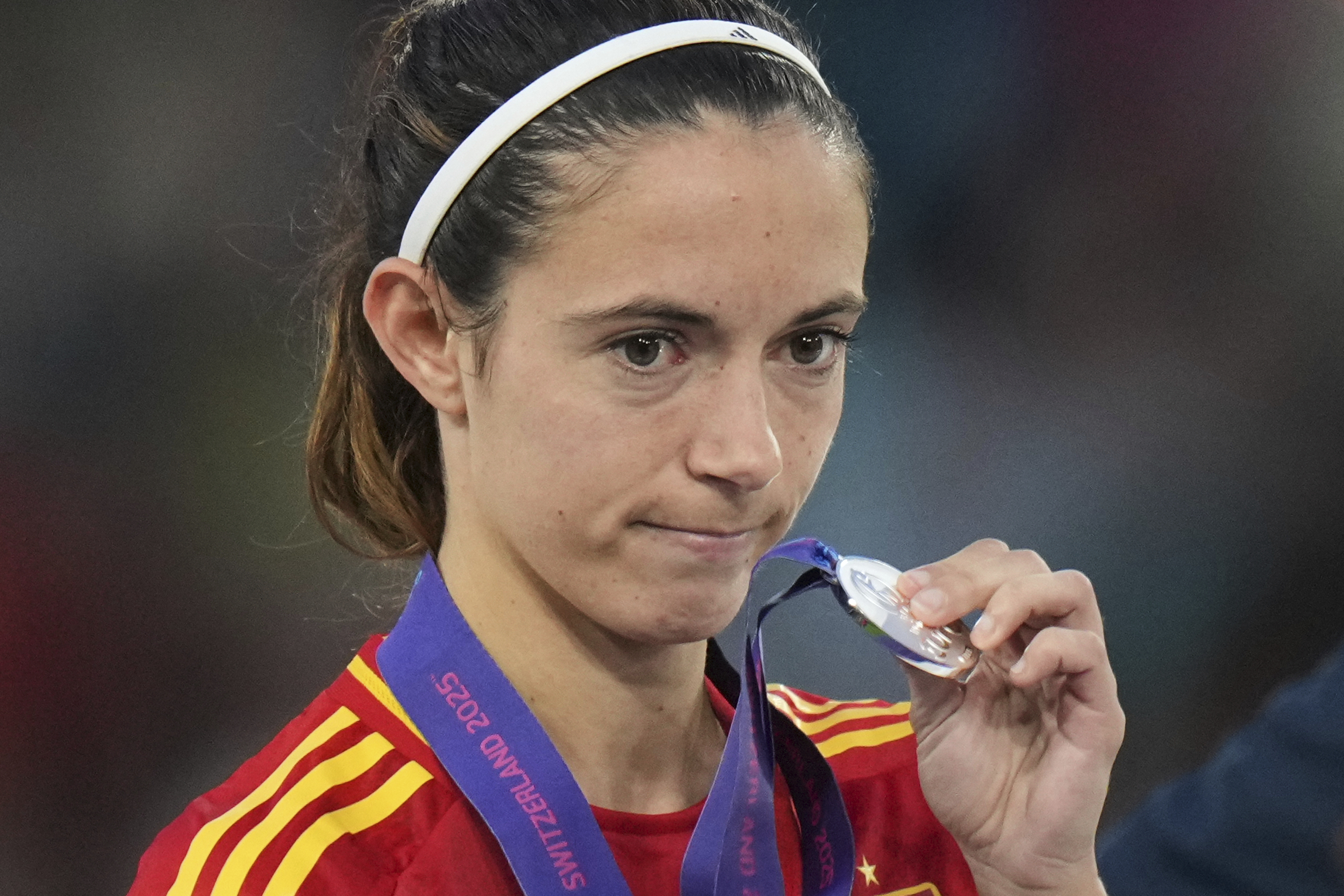 Spain's Aitana Bonmati shows her second place medal at the end of the Women's Euro 2025 final soccer match between England and Spain at St. Jakob-Park in Basel, Switzerland, Sunday, July 27, 2025.