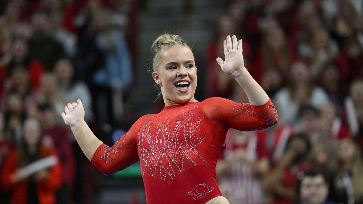 FILE - Arkansas gymnast Joscelyn Roberson competes on the floor against LSU during an NCAA gymnastics meet on Jan. 24, 2025, in Fayetteville, Ark.