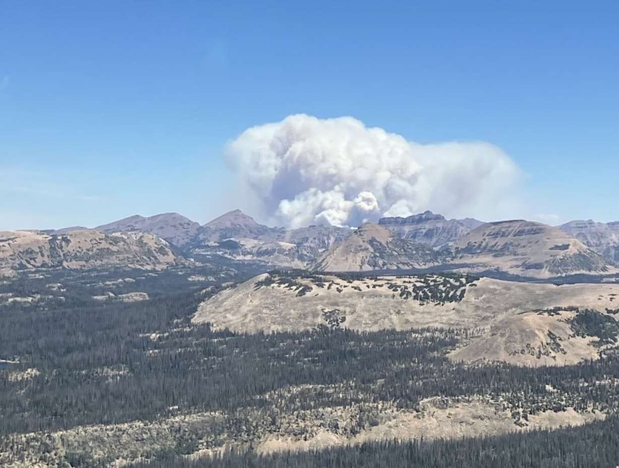 An aerial view of the Beulah Fire burning within the Uinta-Wasatch-Cache National Forest in Summit County on Thursday.