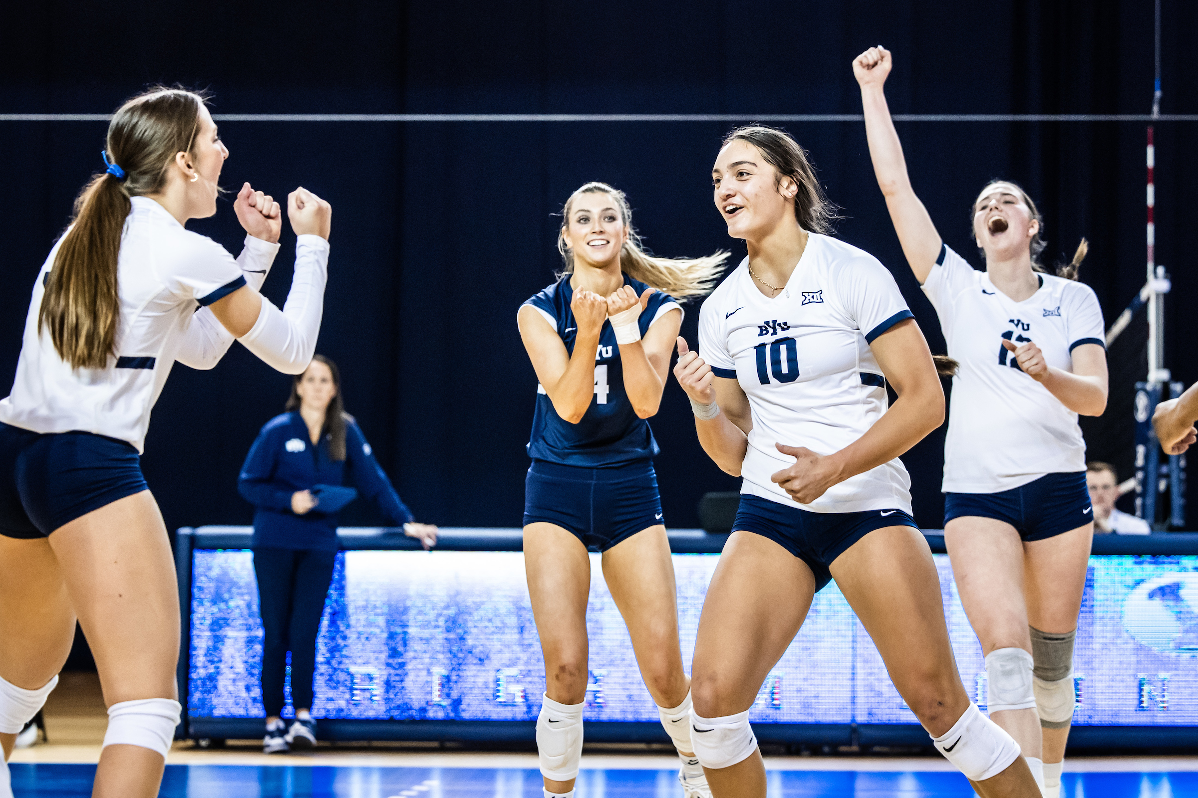 Freshman outside hitter Suli Davis (10) celebrates a point during BYU's preseason scrimmage against Weber State, Feb. 28, 2025, in the Smith Fieldhouse in Provo, Utah.